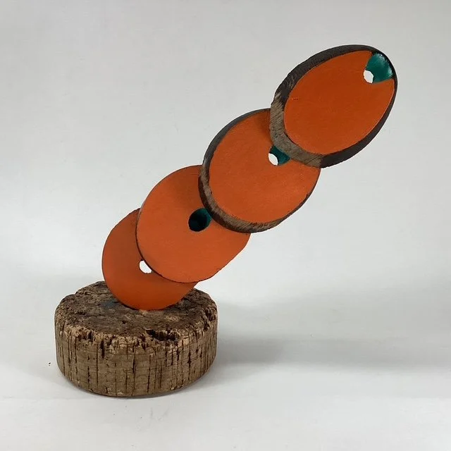   SLICED  fishing floats cork and cedar, acrylic paint 11” x 11”    $350      2026 ‍  ‍  