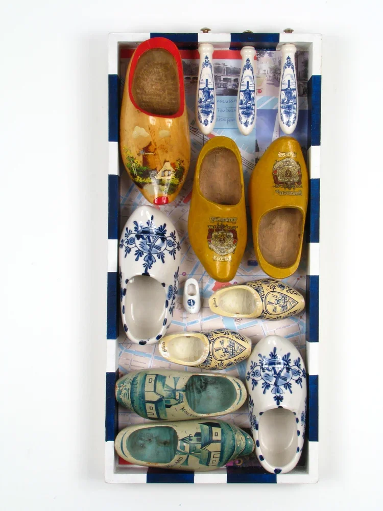   Amsterdam Walking   20” x 10” Lee Valley tool box, wood and ceramic clog shoes (de de klomp; houten schoen), ceramic knife handles, Amsterdam map NFS 