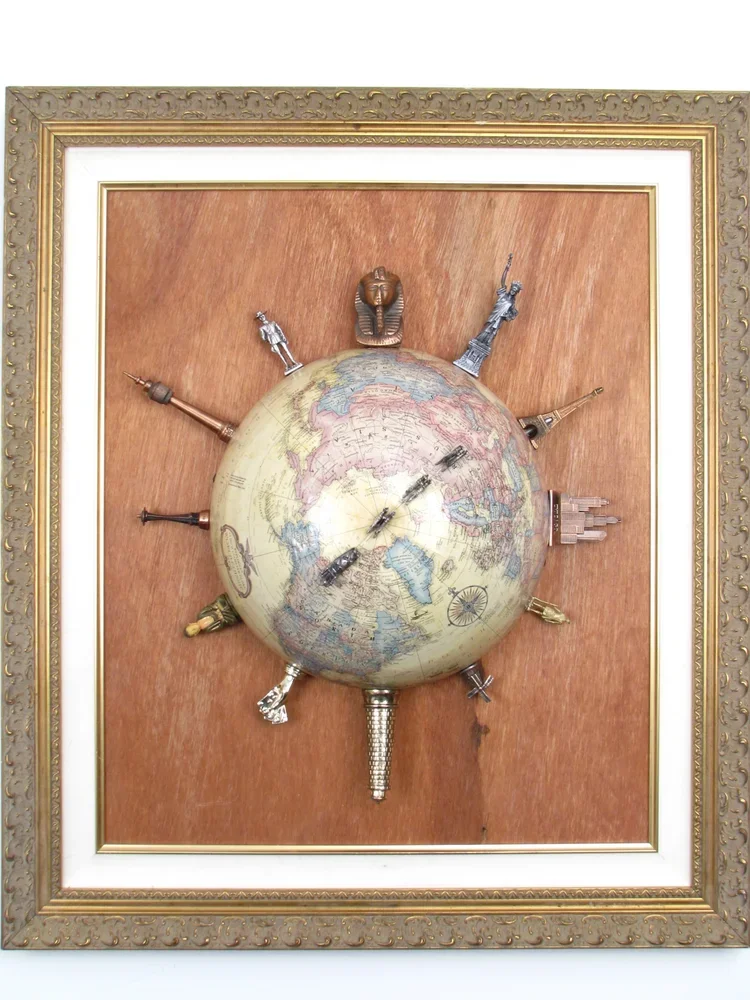   Travel by Trinkets   30” x 26” globe, souvenirs, vintage frame $550  SOLD  