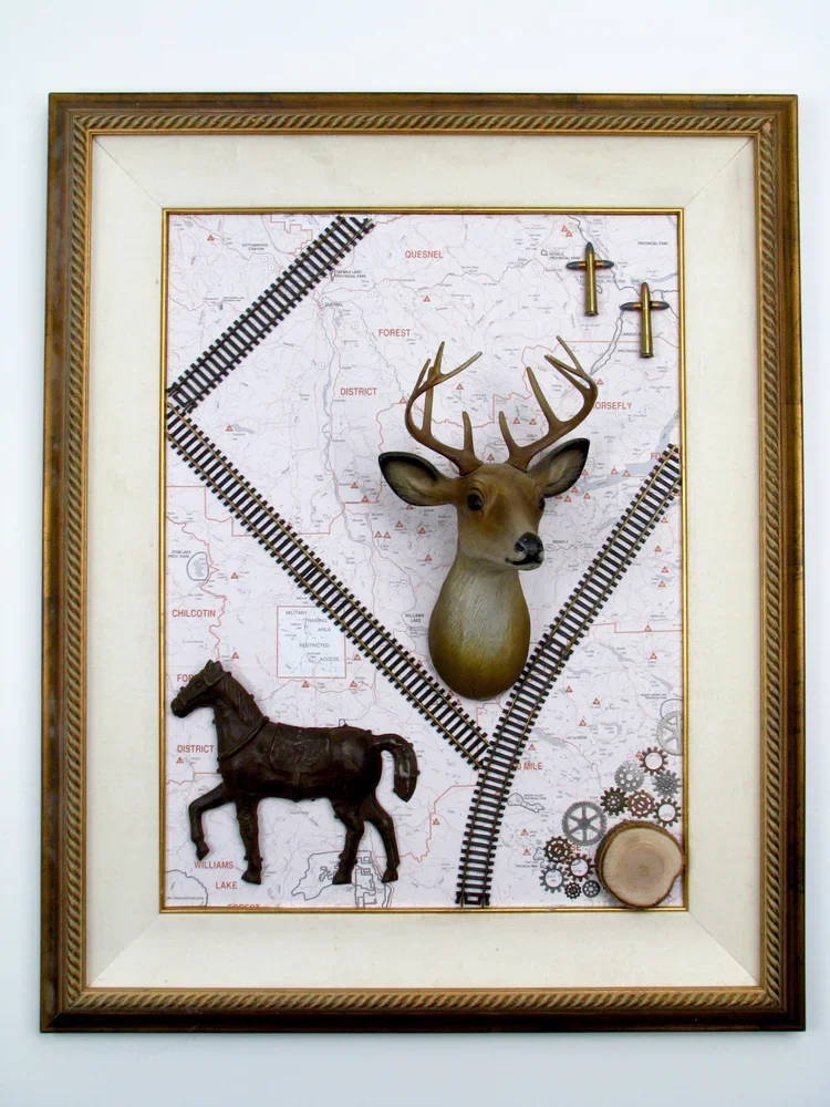   Riding the Rails   31” x 24” found objects and frame, BC map $350 
