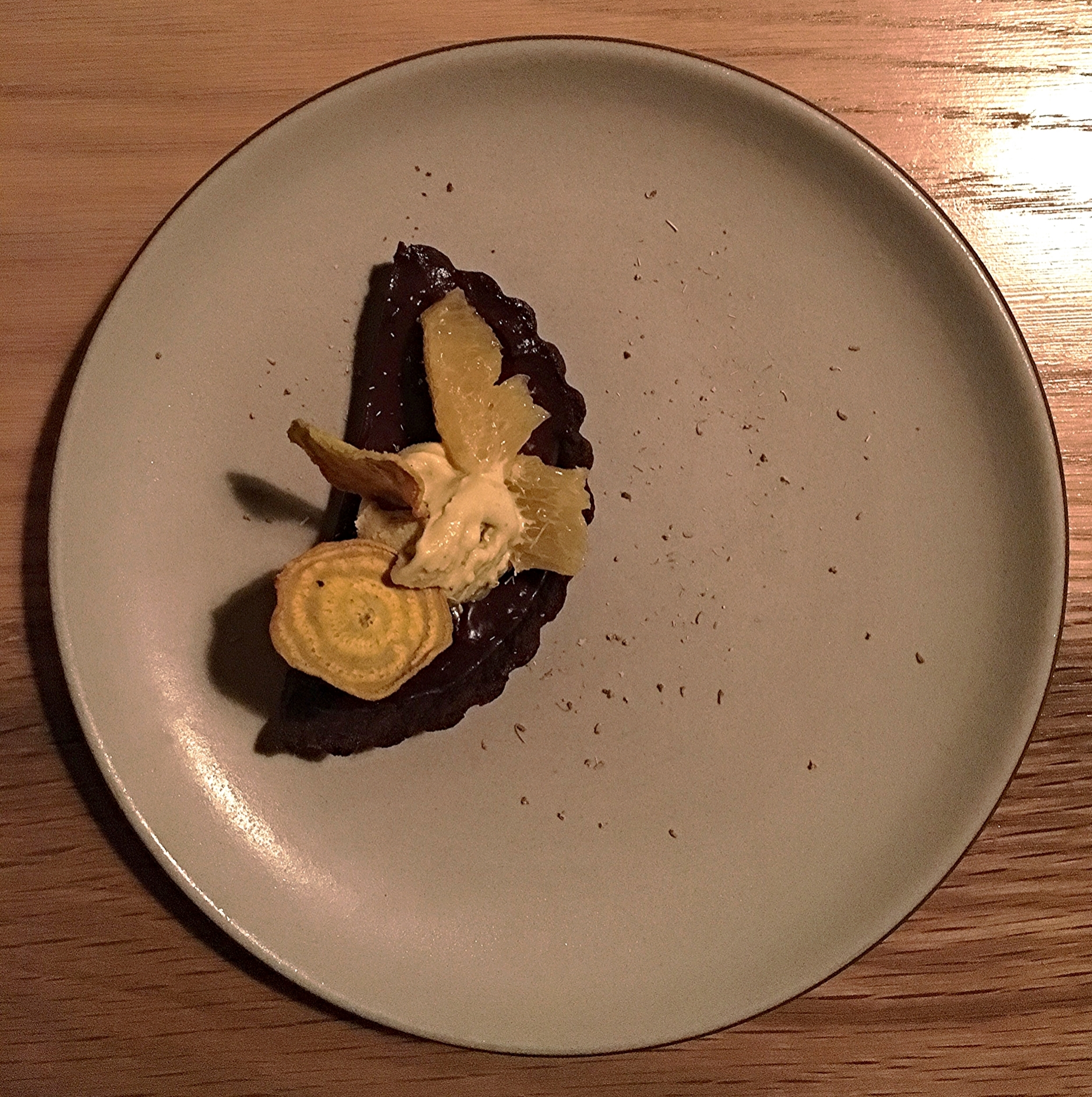 chocolate tart, golden beet ice cream, tangerine, fennel pollen