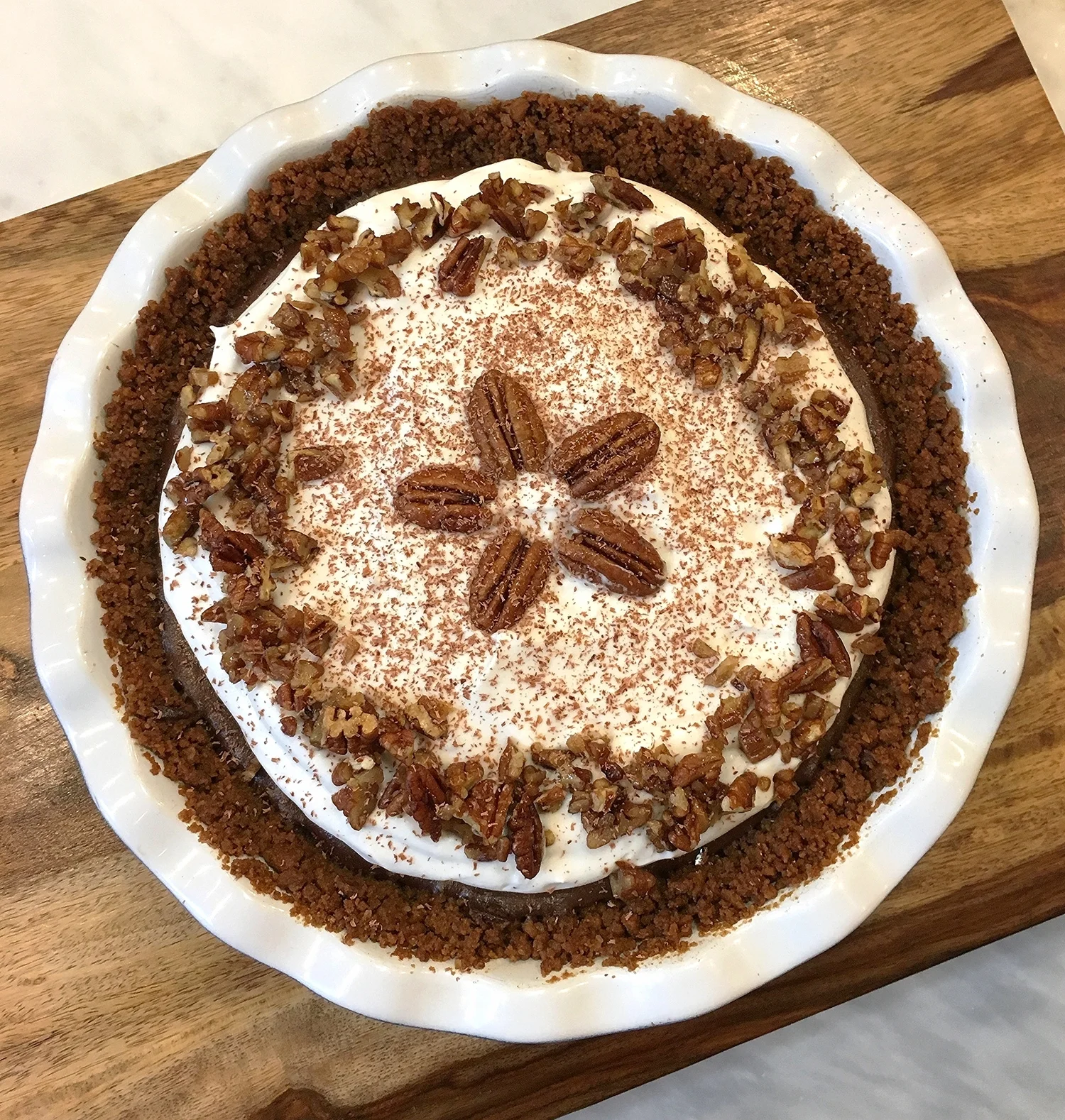 gingersnap chocolate cream pie with bourbon pecan crumble