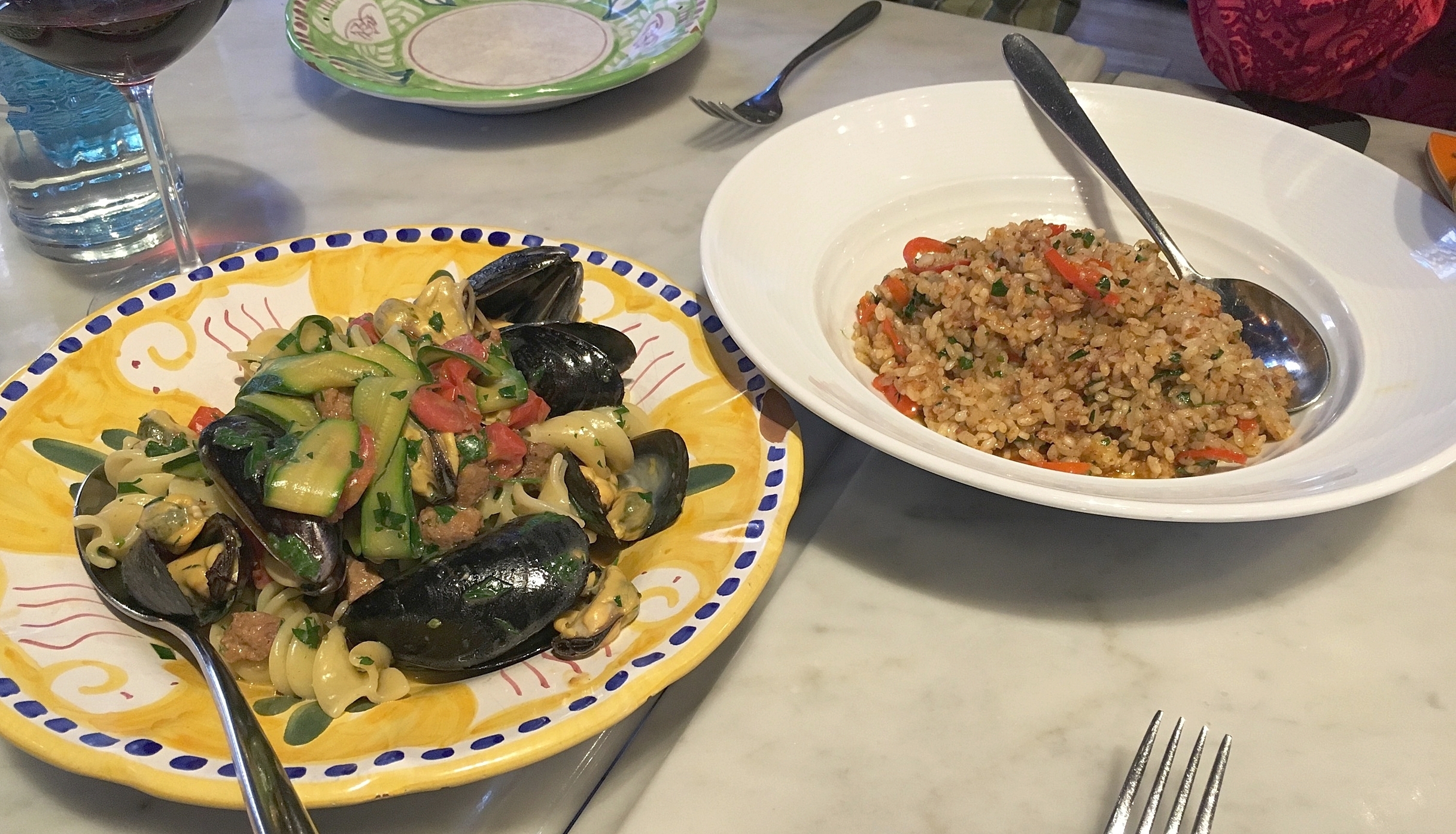 fusilli santina, merguez, mussels // guanciale e pepe, pork jowl, peppercorns