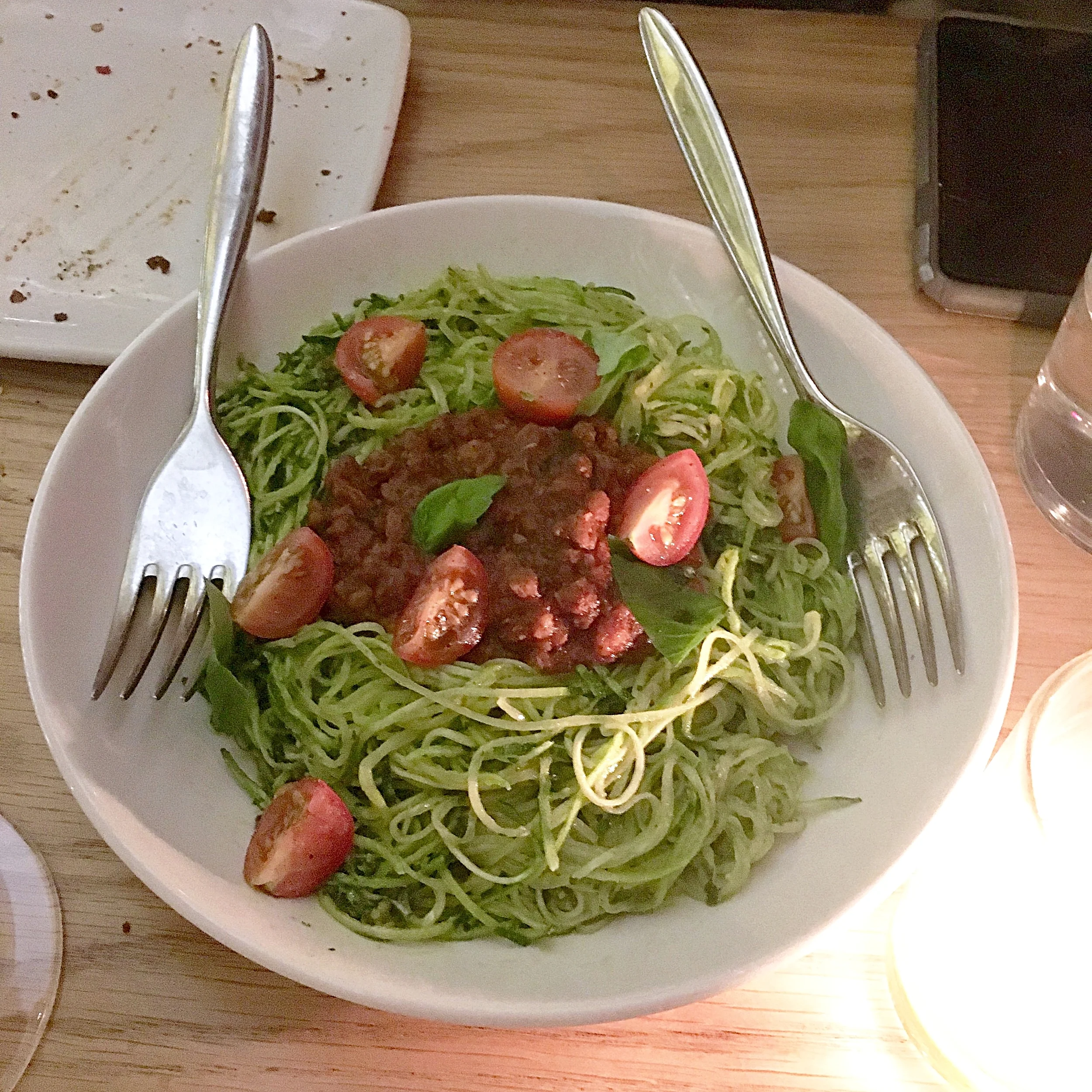 spicy roasted farro bolognese, beet-zucchini spaghetti, mint pesto