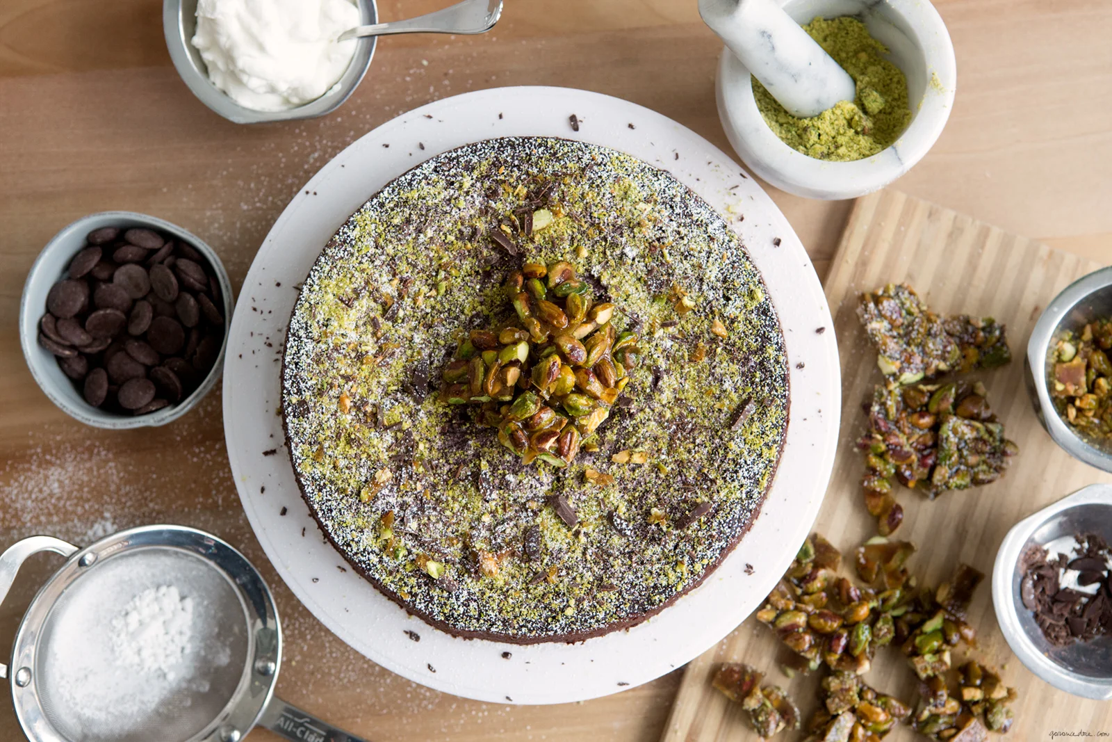 chocolate beet cake with pistachio brittle