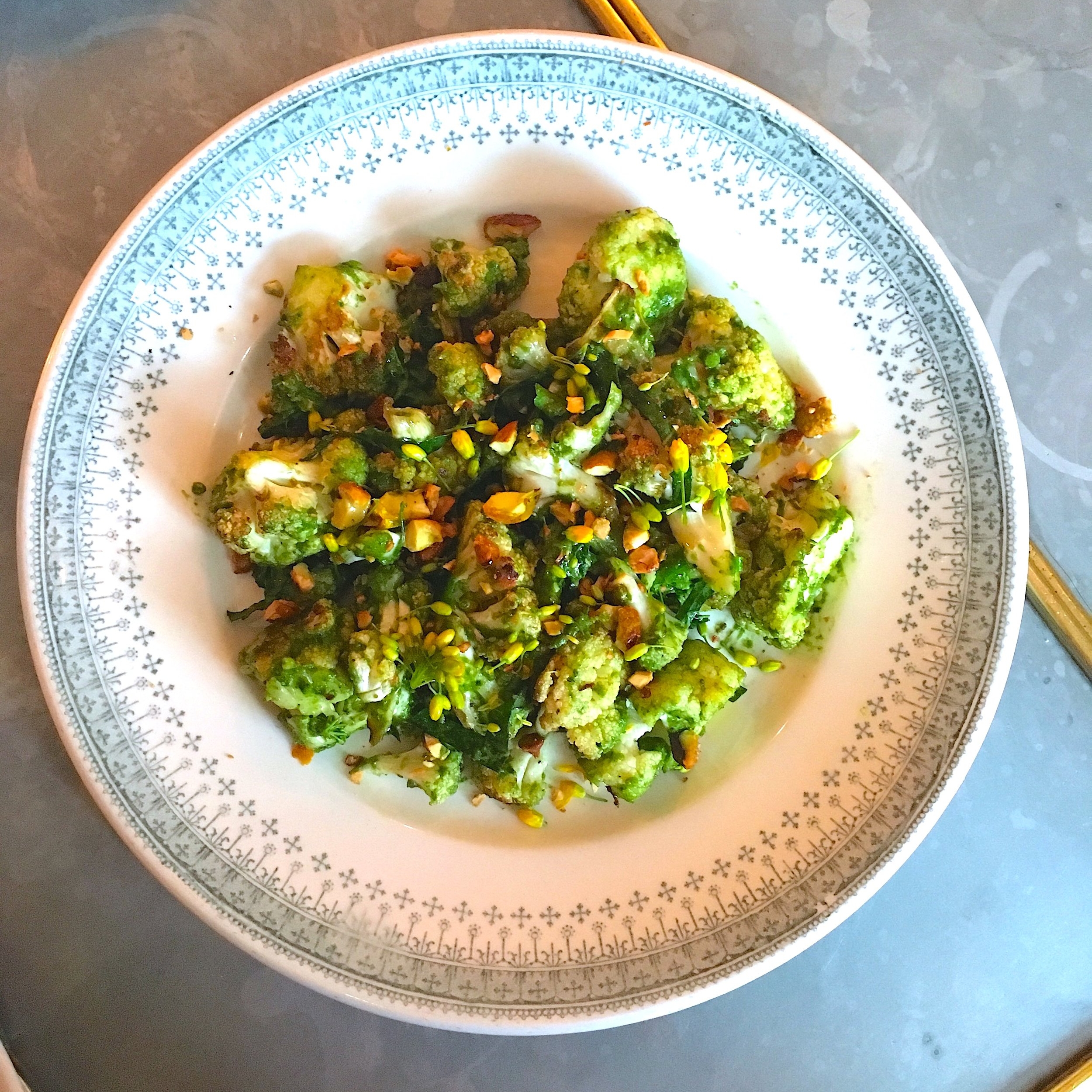 roasted cauliflower, broccoli pesto, spicy pistachio