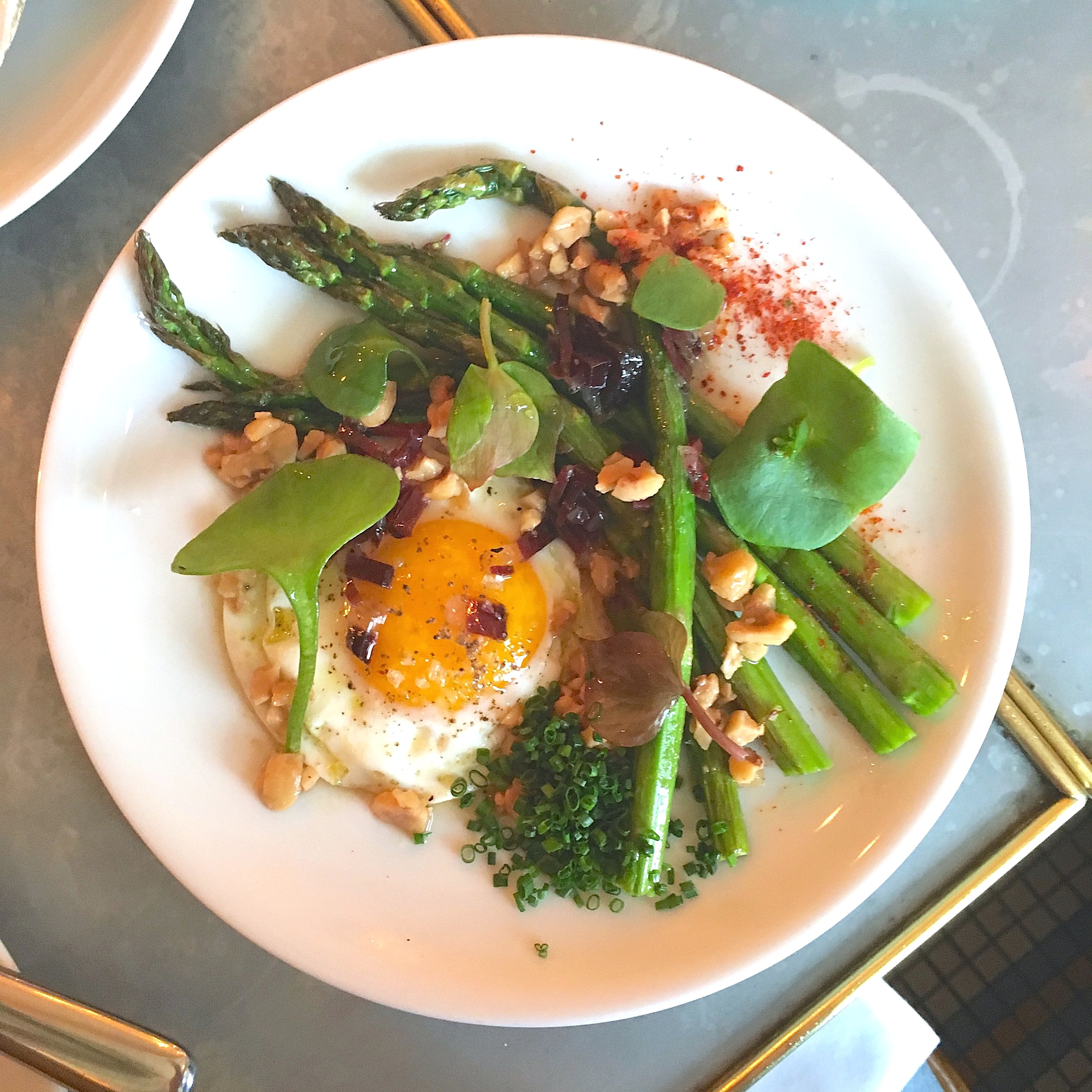 green asparagus, farm egg, hazelnut, duck ham