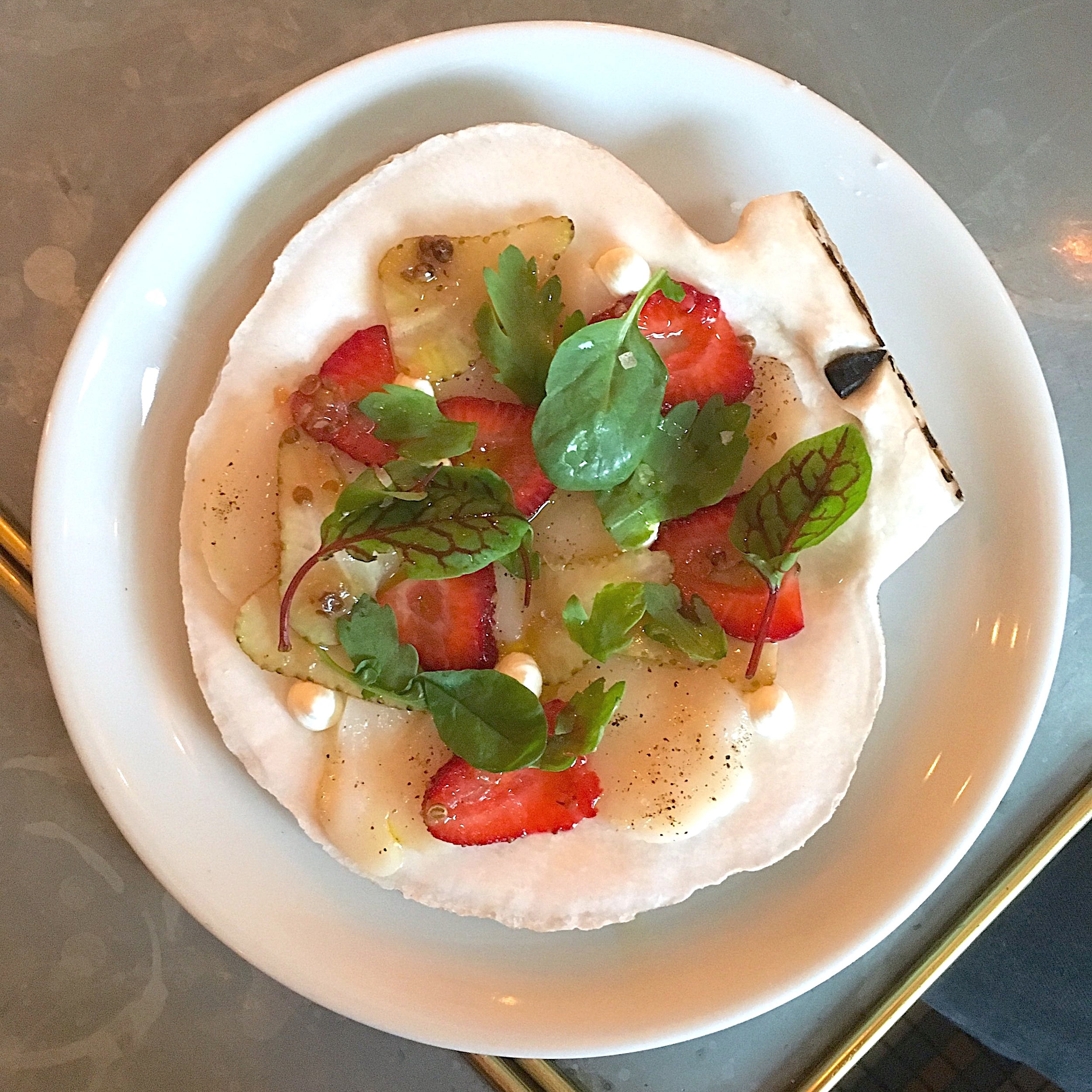 raw diver scallops, strawberry, coriander, chrysanthemum