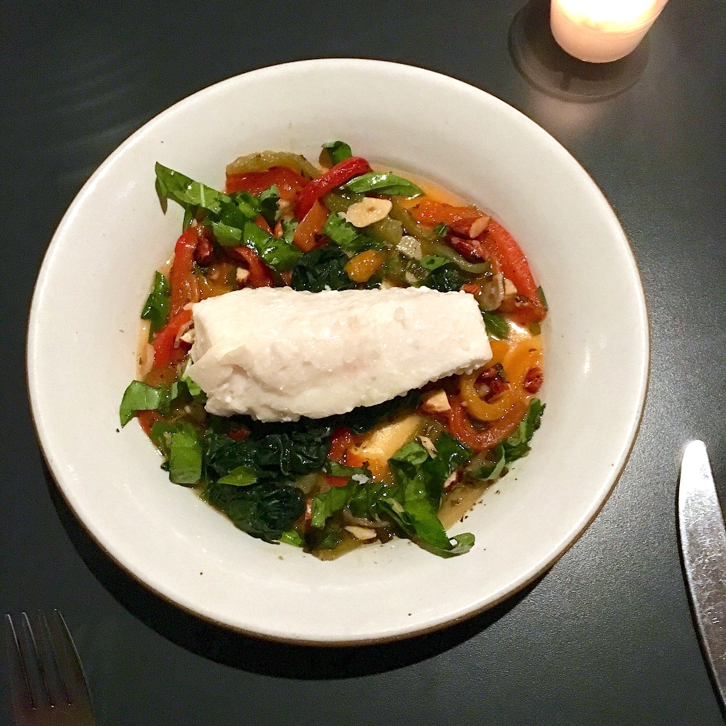 slow cooked halibut, roasted peppers, kale, almonds