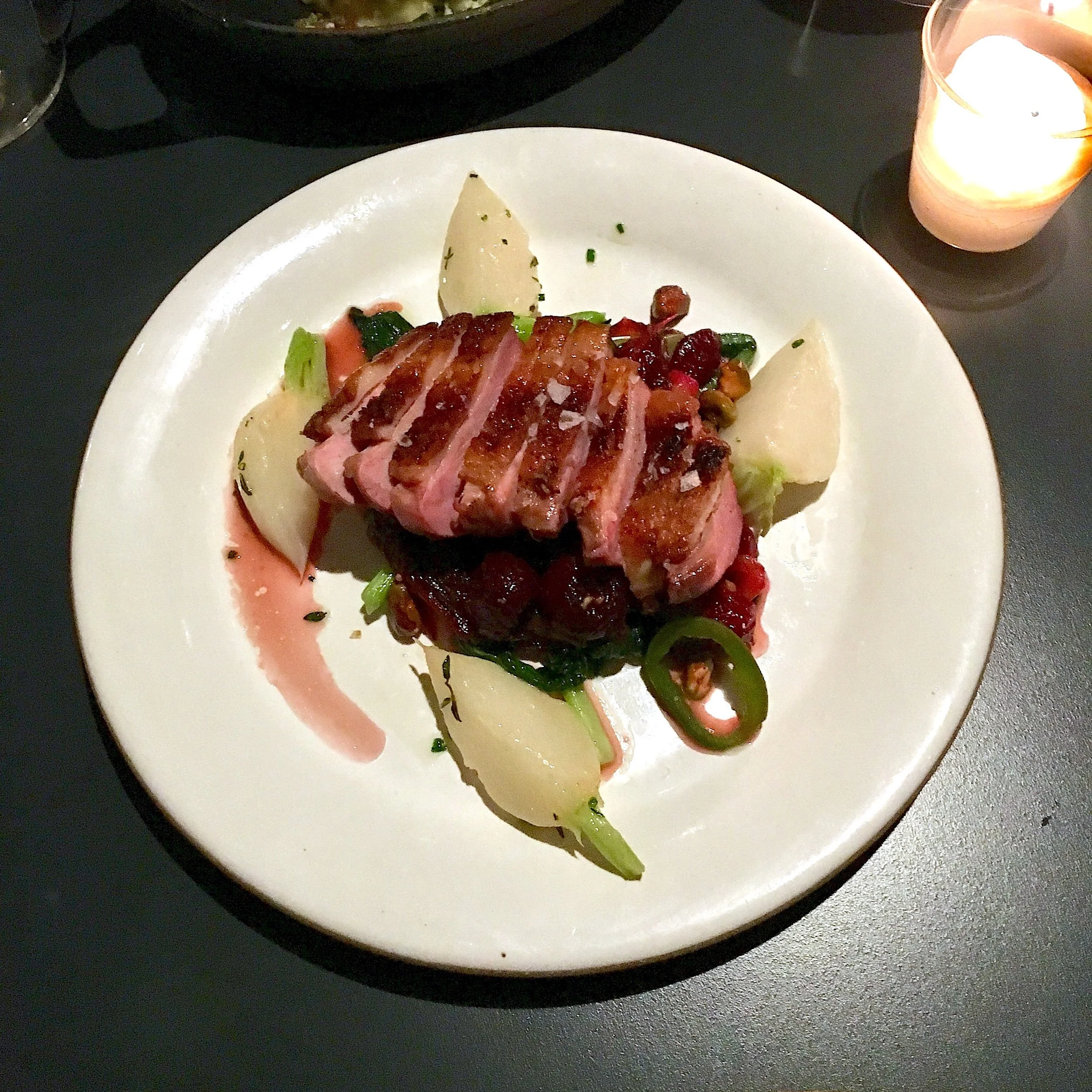 pekin duck, turnips, cherries, pistachios