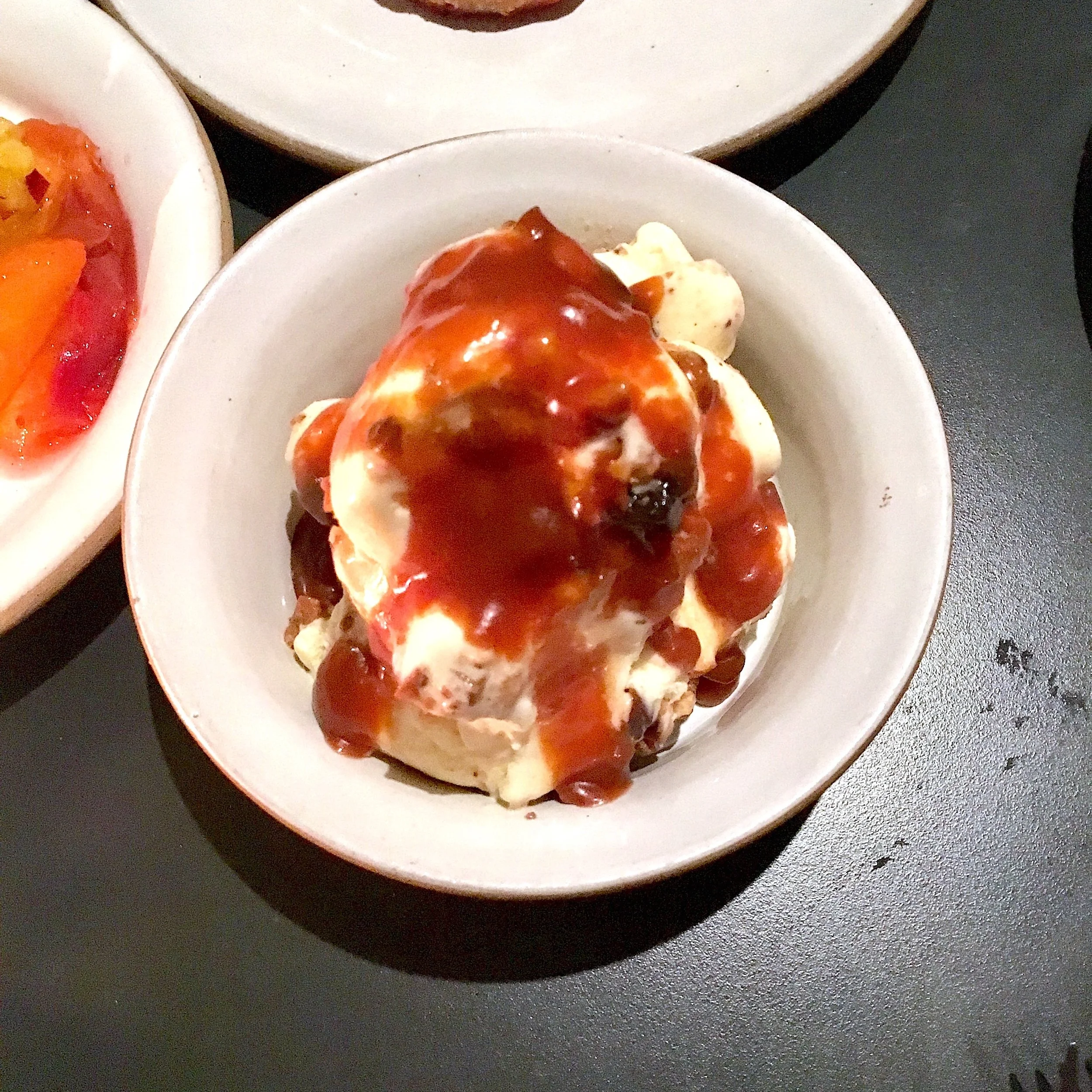 vanilla ice cream "blizzard", pretzels, walnut toffee, chocolate cookie-fudge, lemon