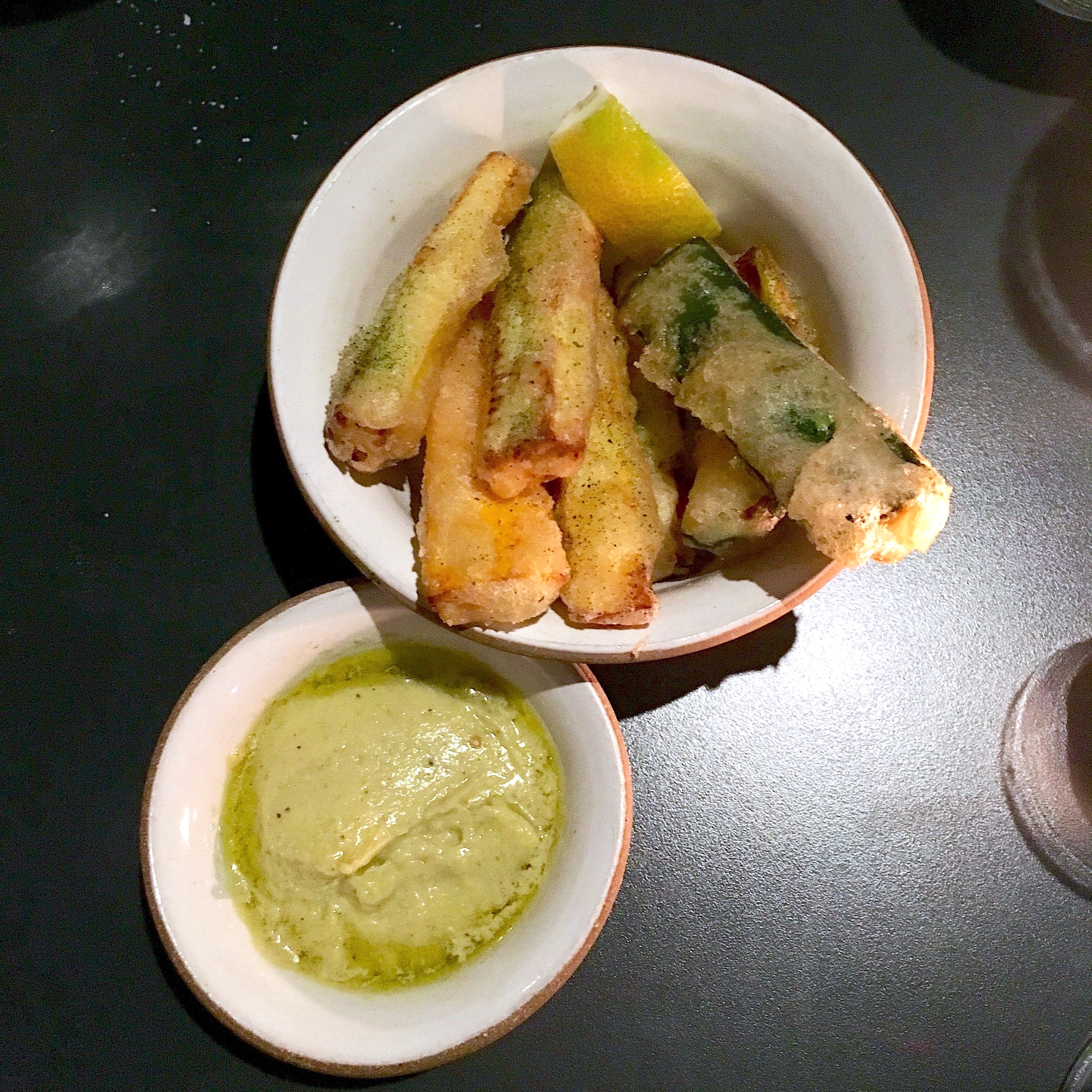 zucchini "fries", lemon-parmesan dressing