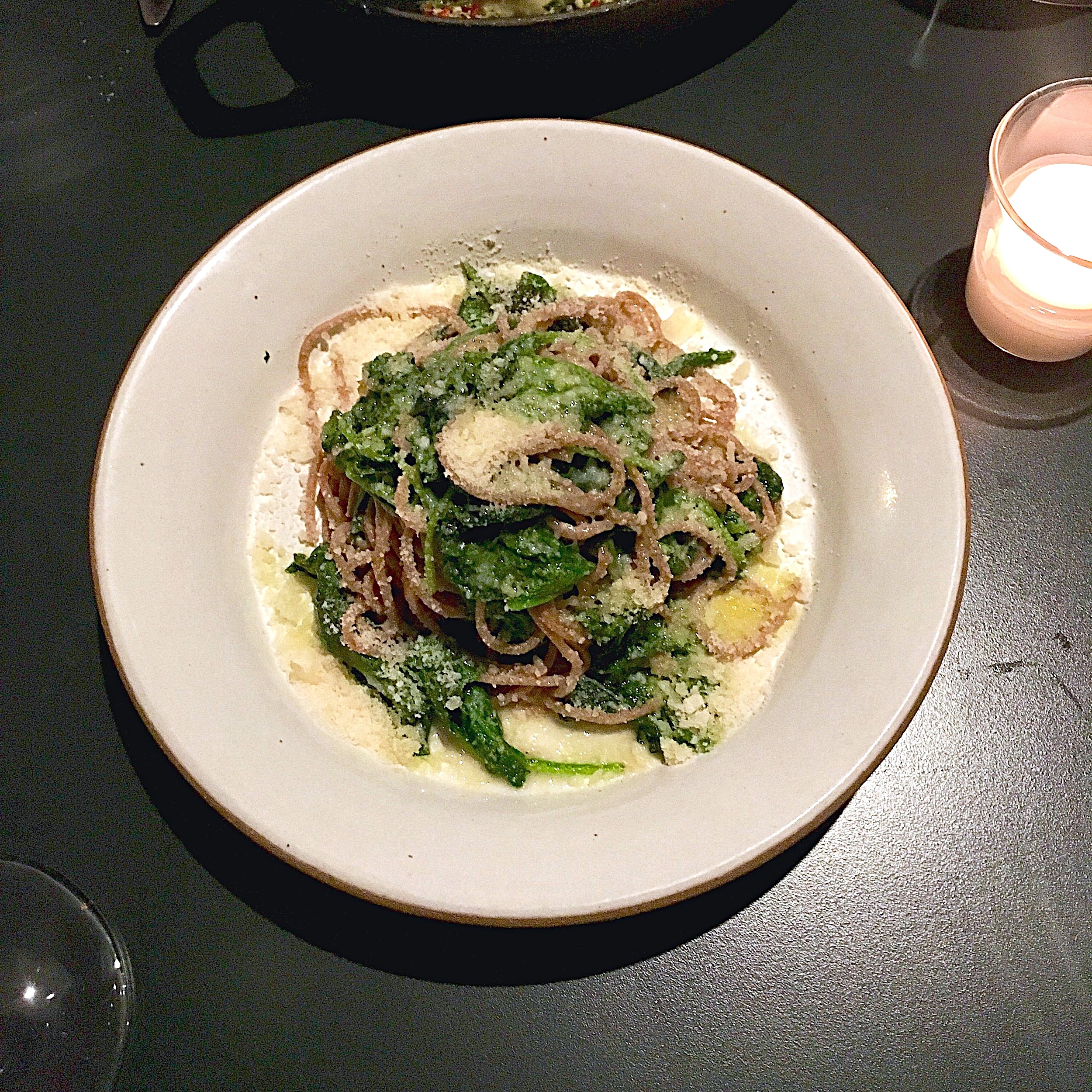 whole wheat spaghetti, spinach, parmesan, basil, crushed chilies