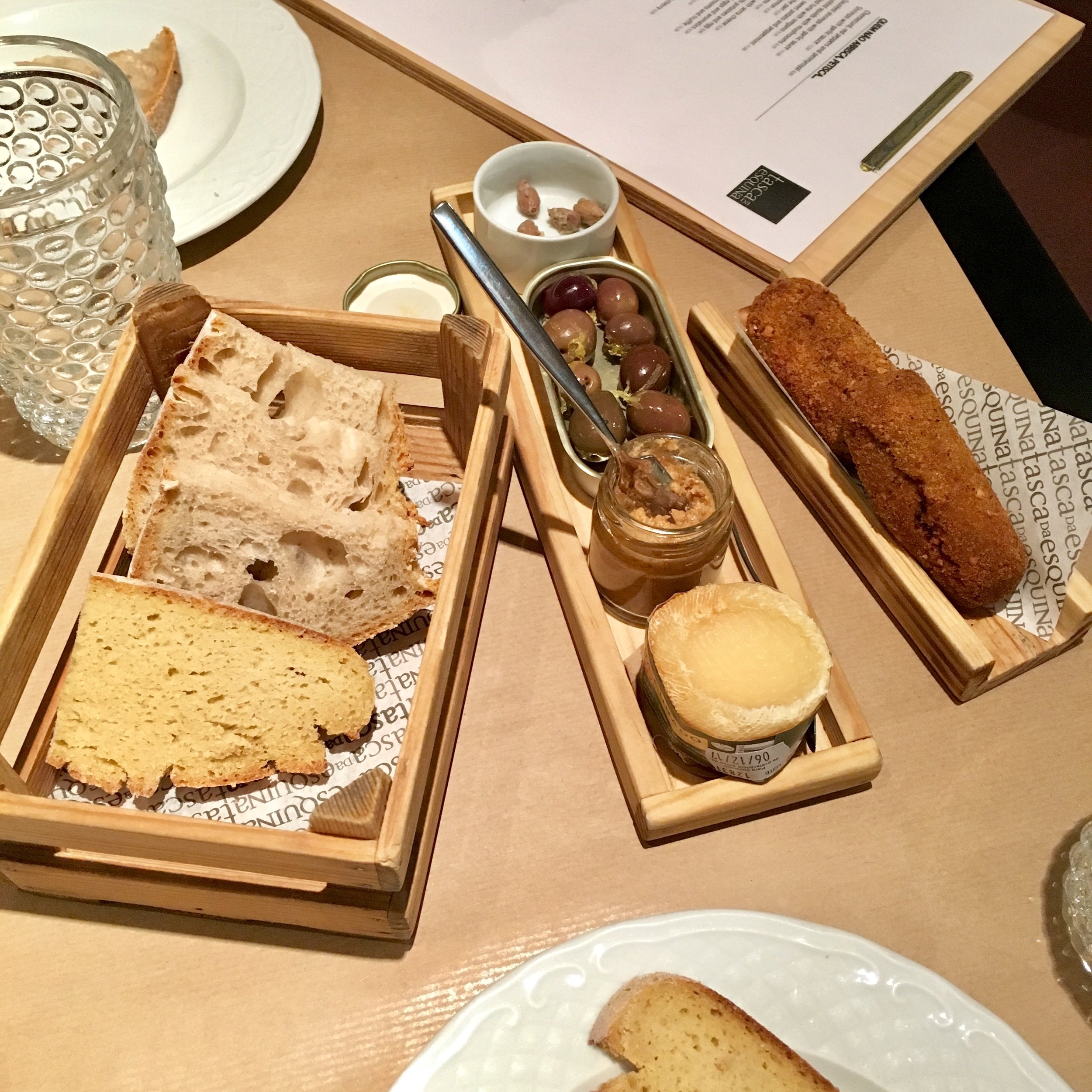 bread, olives, paté, cheese, croquettes