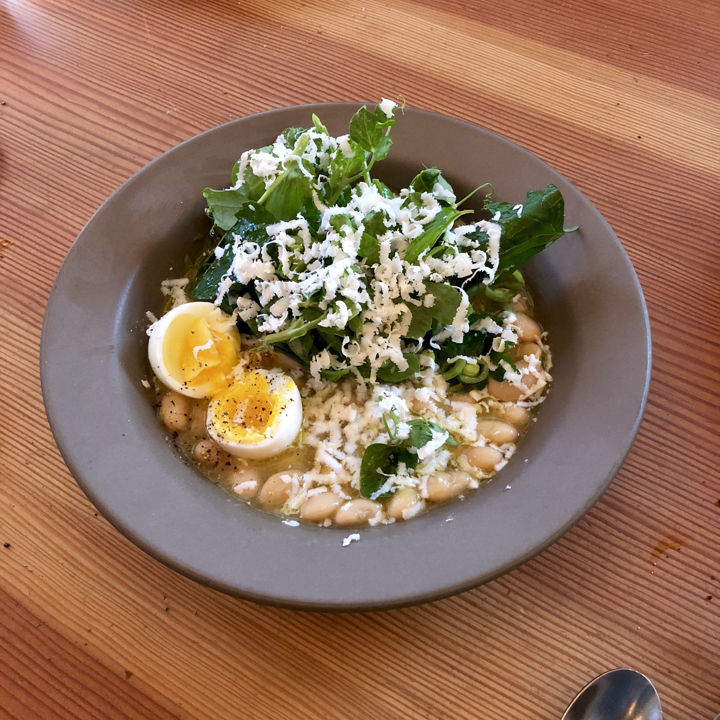 shelling beans, snap peas, spring greens, mint, soft boiled egg, ricotta salata