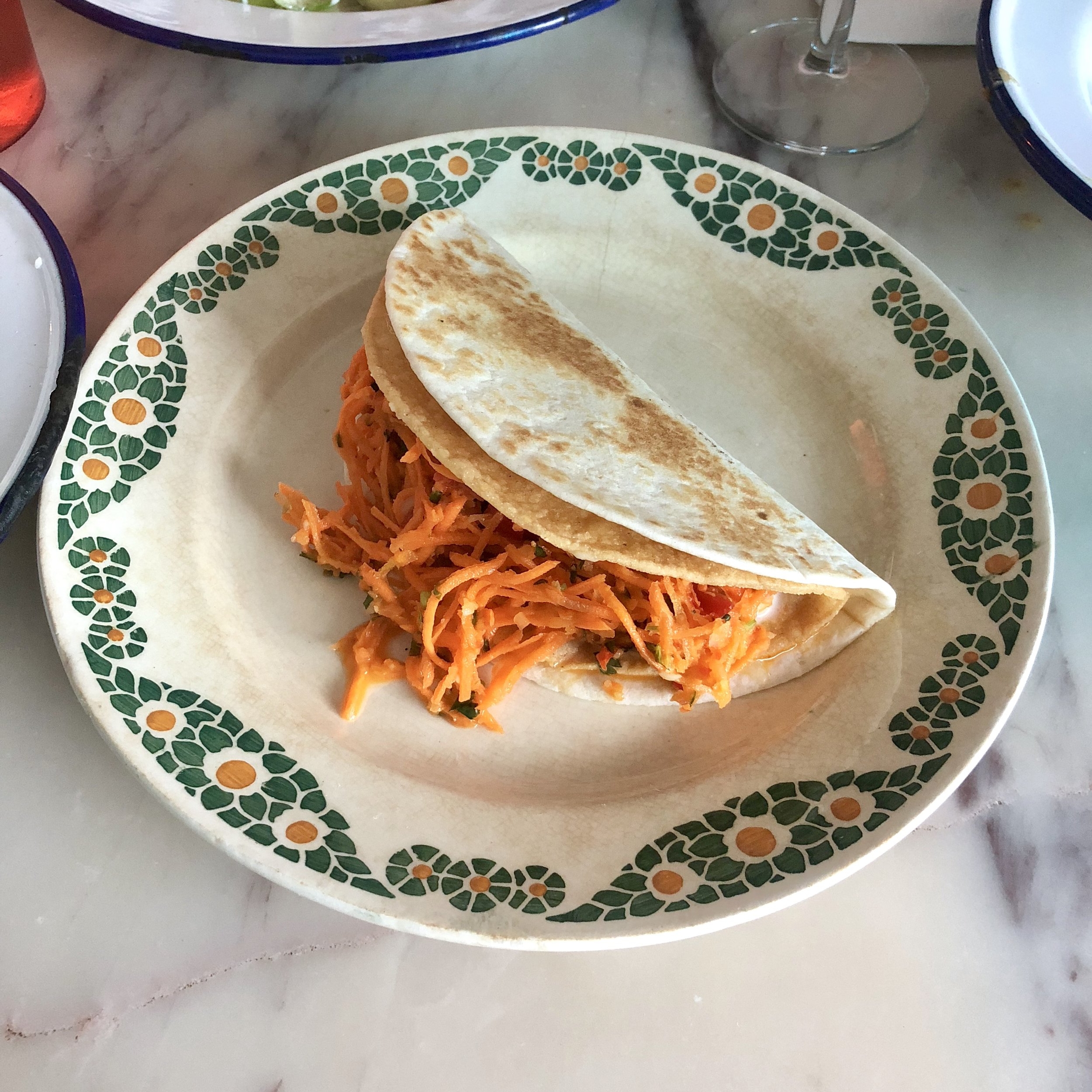 double decker potato taco,  lime, crème fraîche, carrot pico,  cheese