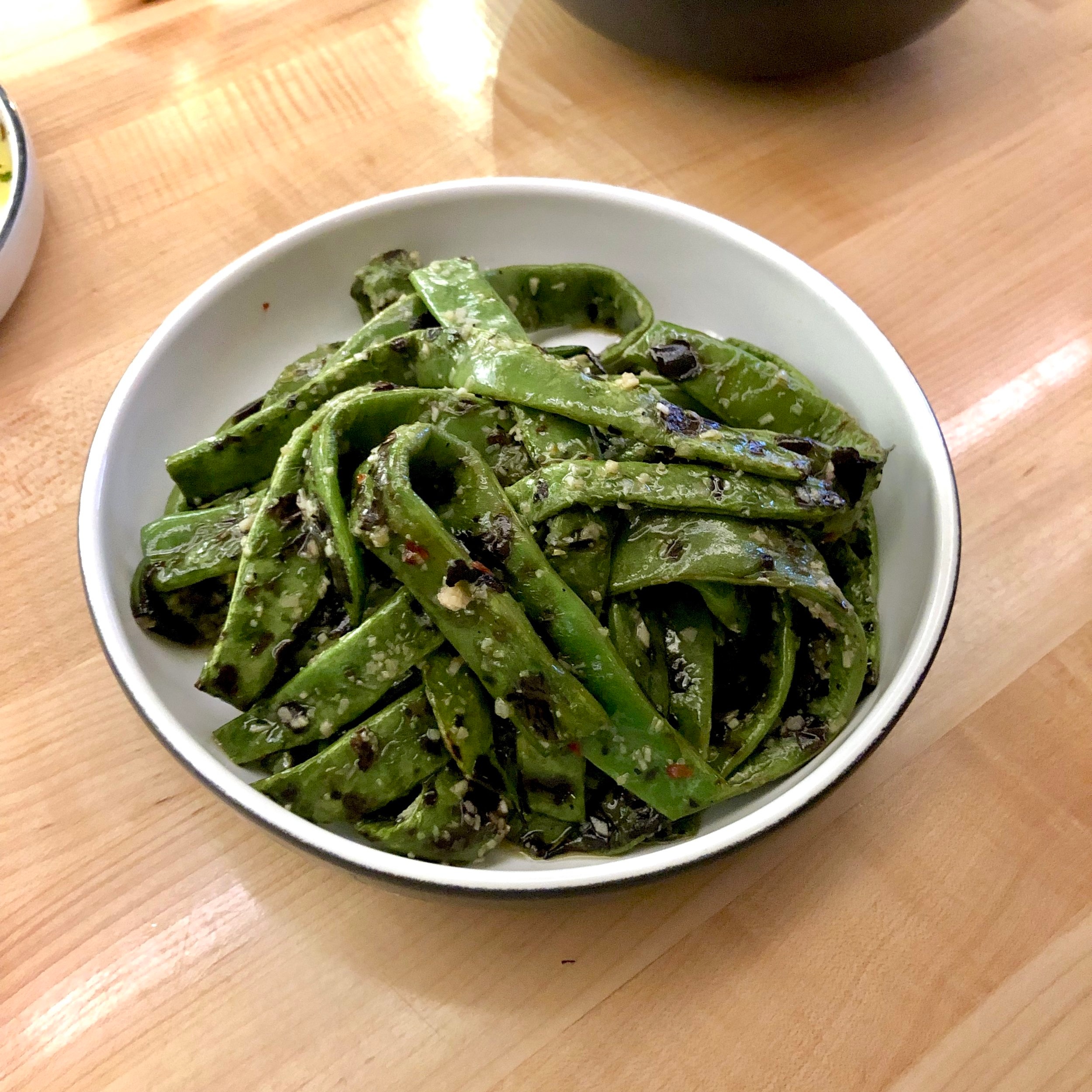 grilled runner beans, garlic vinaigrette, chilies