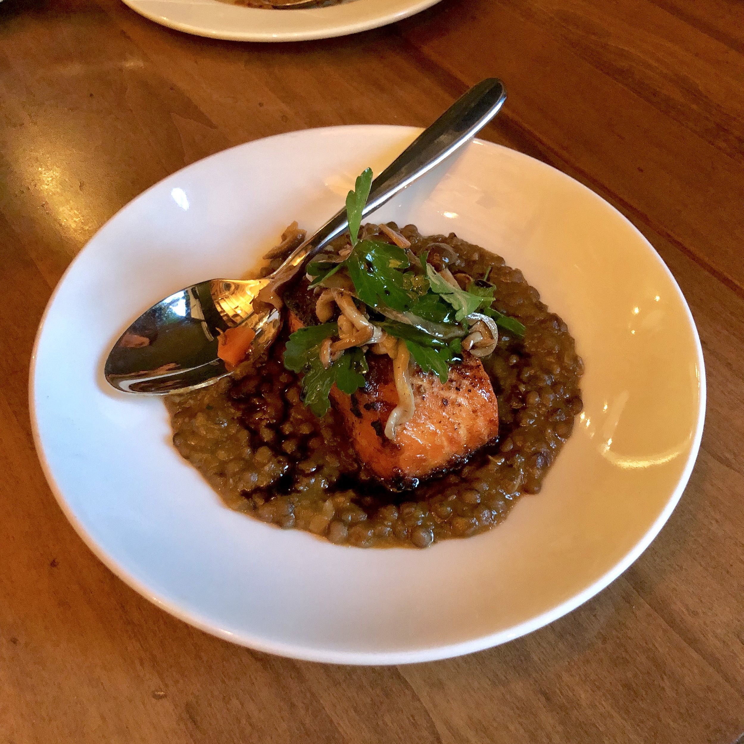 cedar smoked ocean trout, umbrian lentils in soffrito, mushrooms "a la grecque"