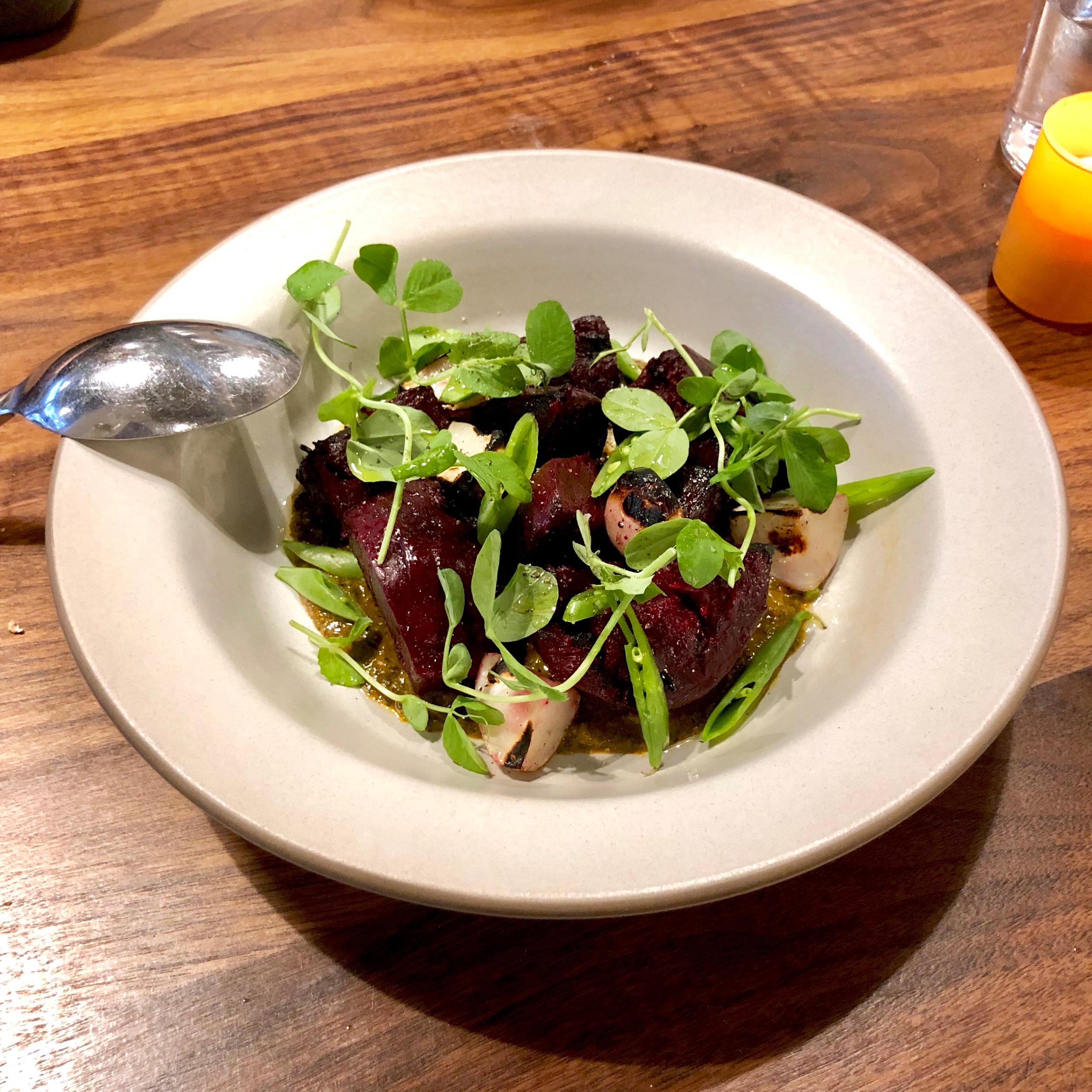  grilled beets // turnip, sugar snap peas, chermoula, tendrils 