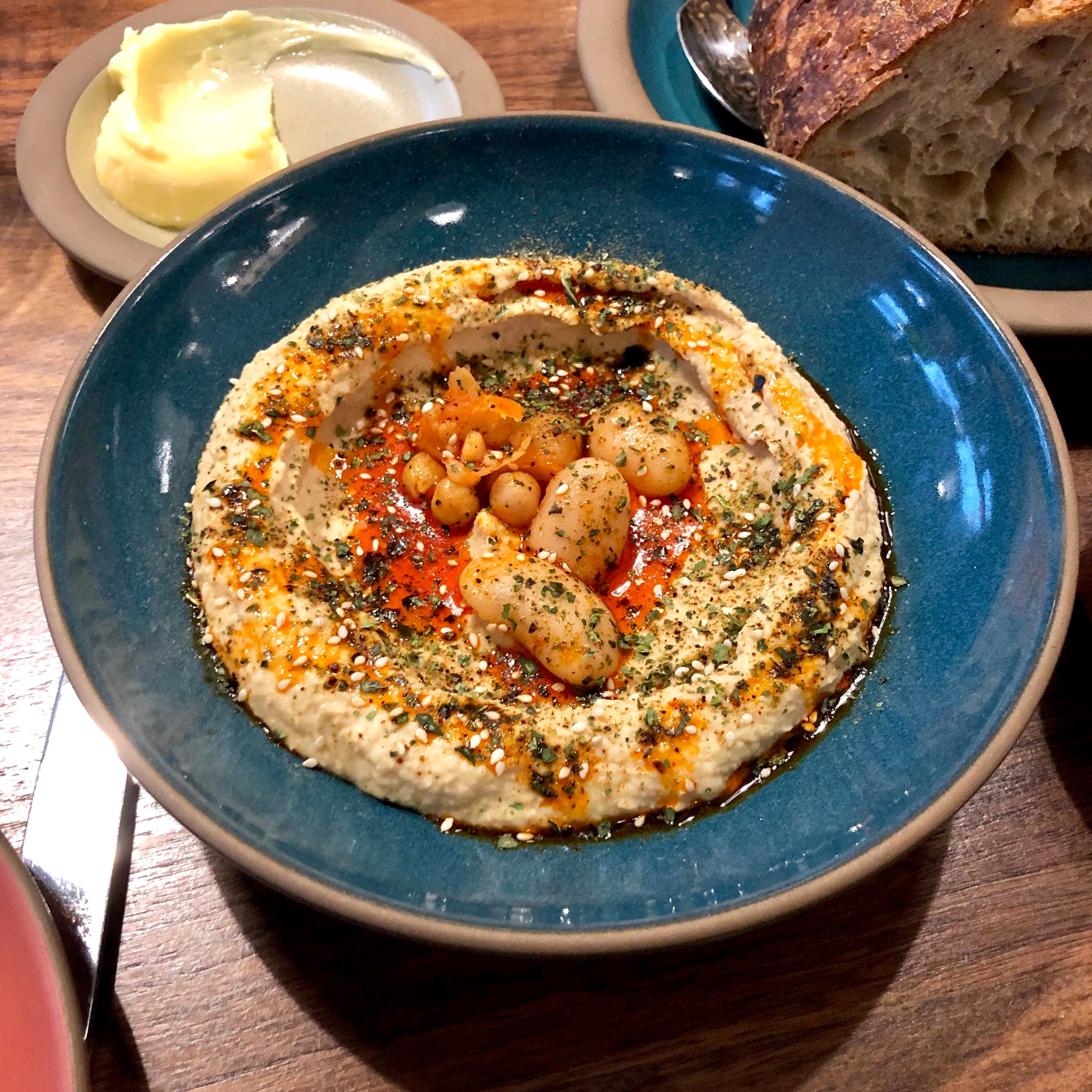  butter bean hummus // kale furikake, chili oil 