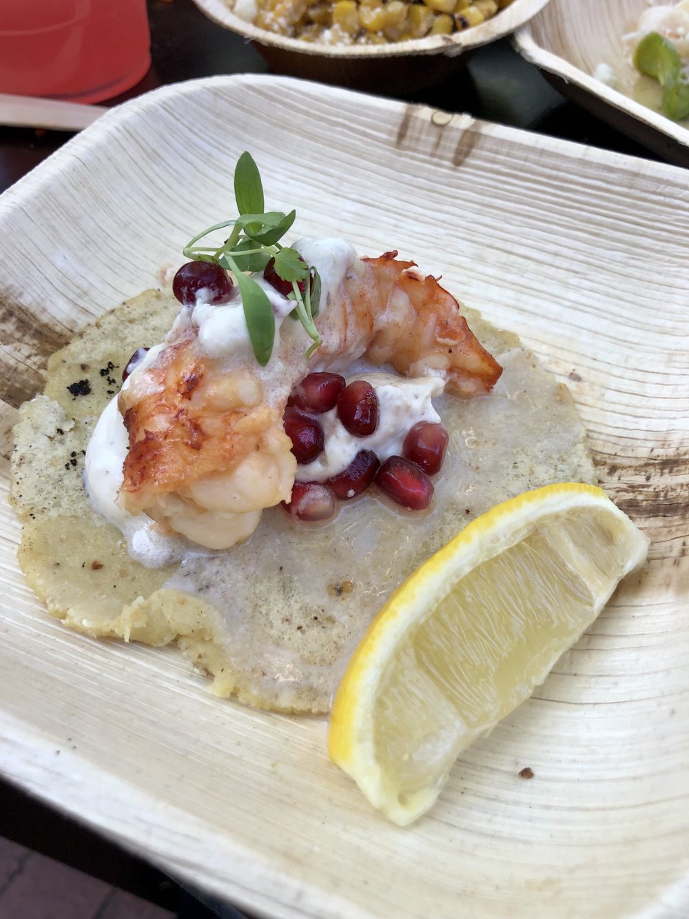  lobster en nogada // poached lobster tail + walnut cream sauce + pomegranate + micro cilantro 