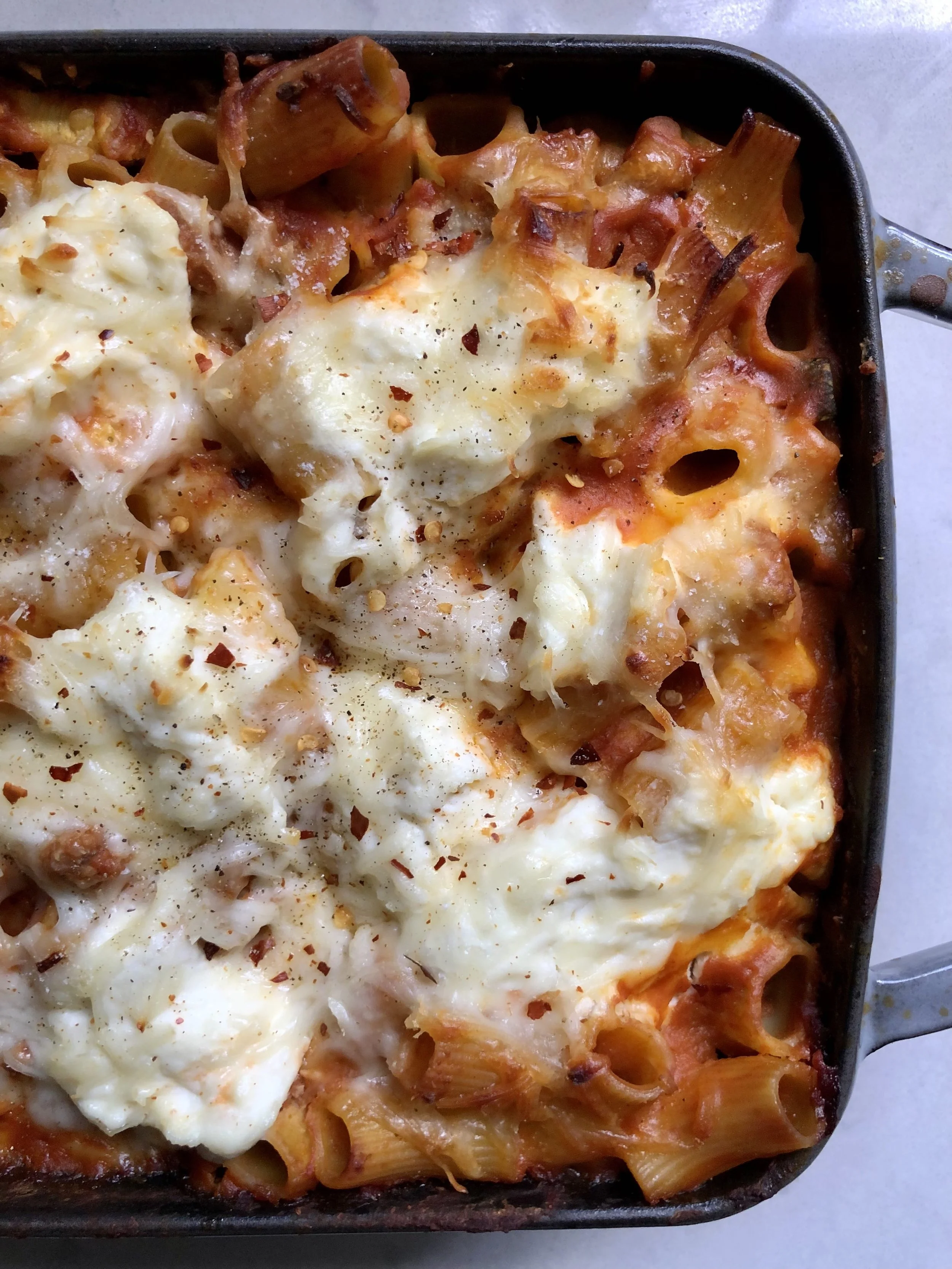 baked rigatoni with ground turkey, pumpkin & ricotta