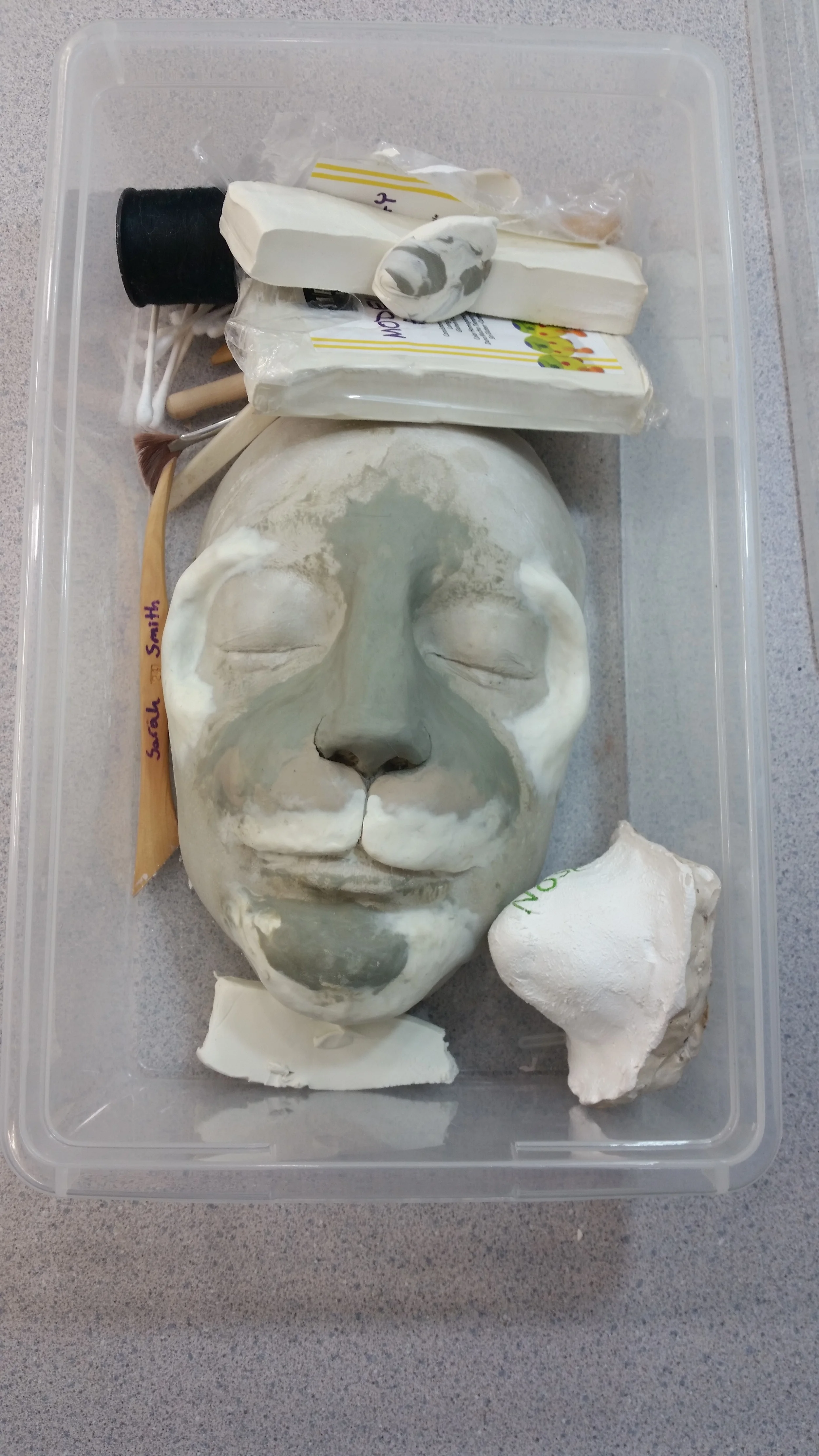 plastecine building on plaster face cast