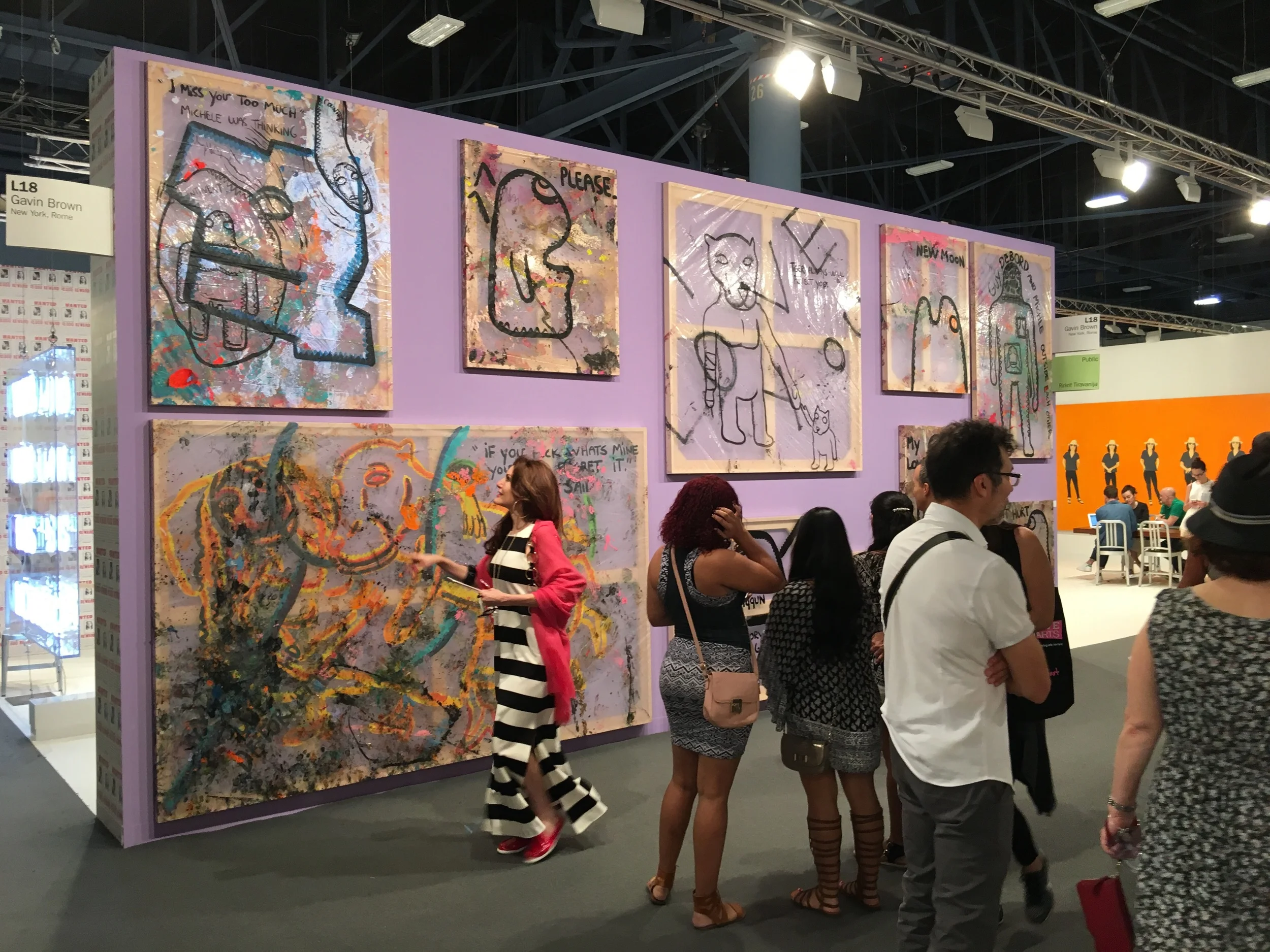 Bjarne Melgaard paintings on plastic tarp mounted on stretcher bars