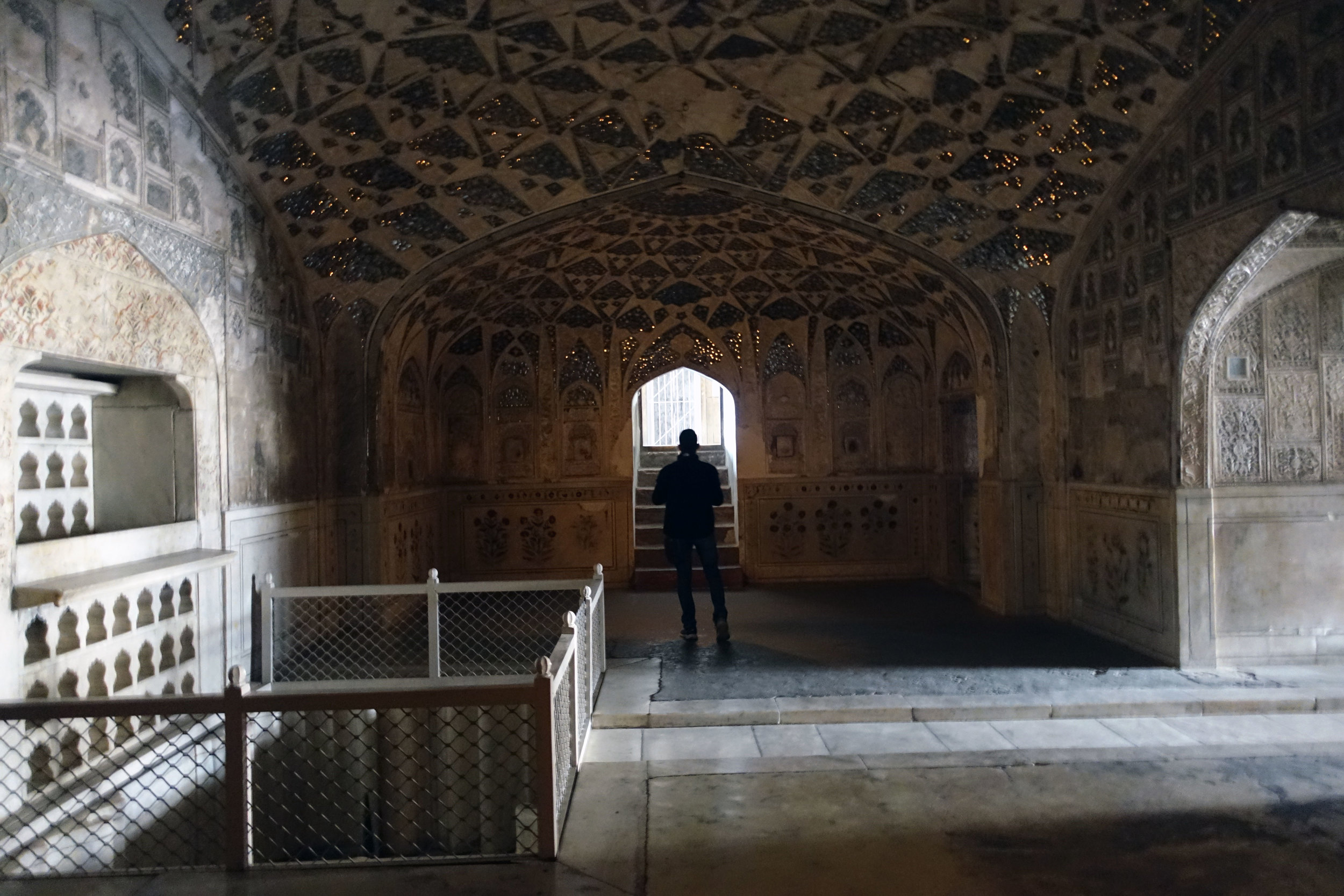 the queen's bathroom with millions of turkish mirrors meant to be lit up by candles and replicate the universe while she bathed and inlaid drum system so slaves could play while she relaxed
