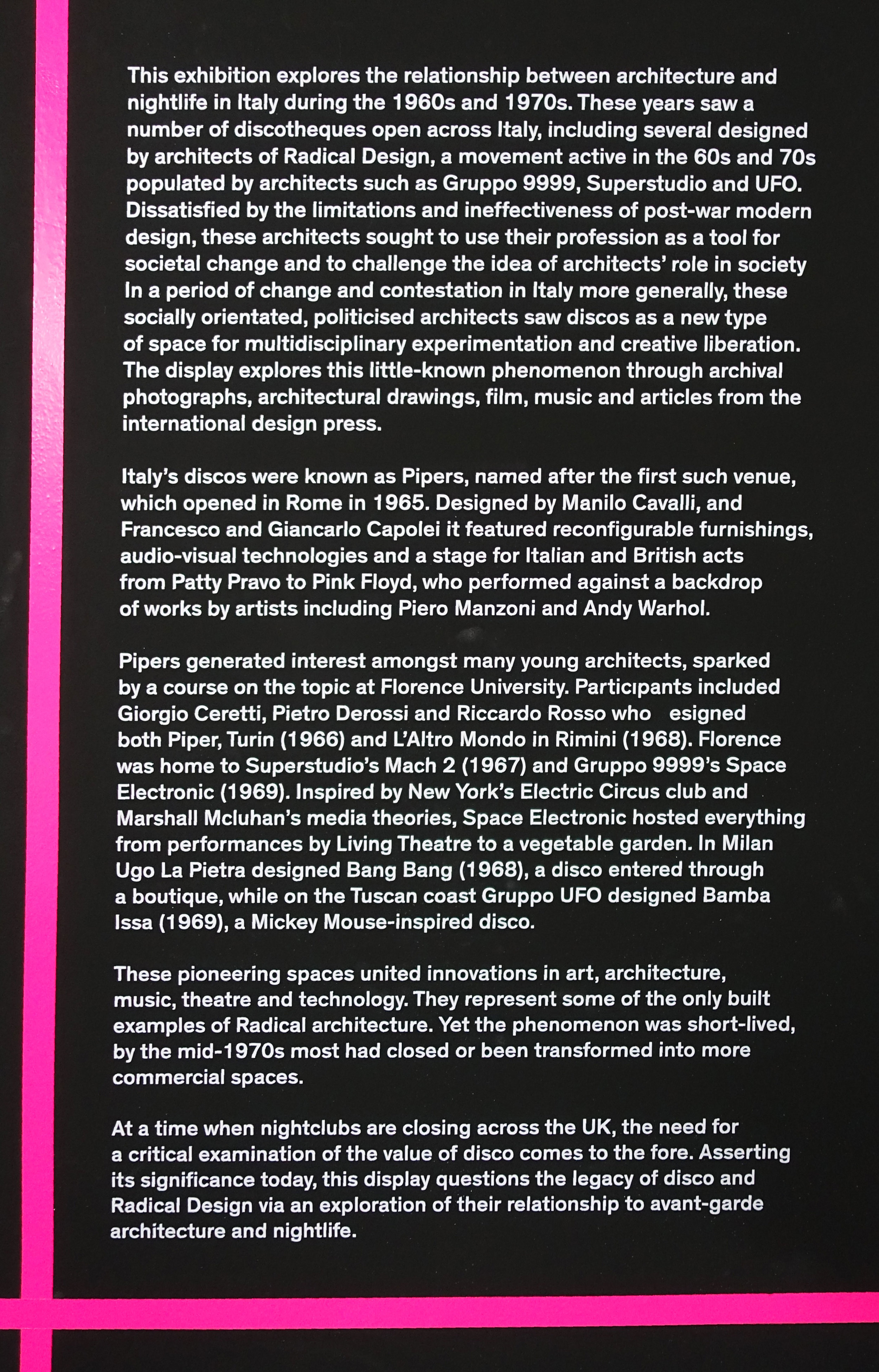 Statement for Radical Disco Architecture and Nightlife in Italy 1965 - 1975 at ICA London