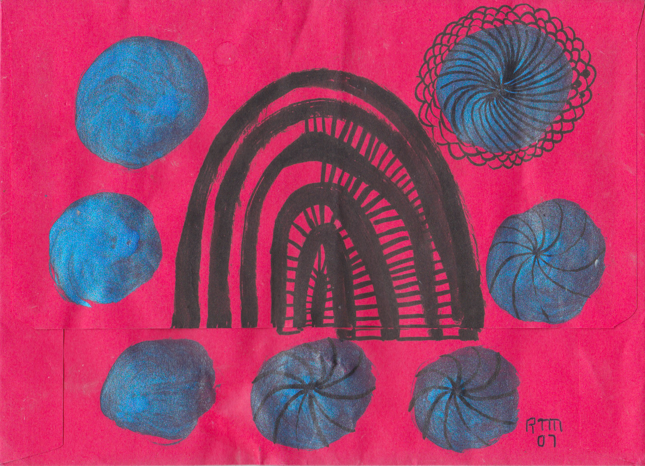 Black Portal surrounded by 4 active and 3 passive blue portals , 2007, acrylic ink and marker pen on red envelope, 5.25 x 7.25 inches