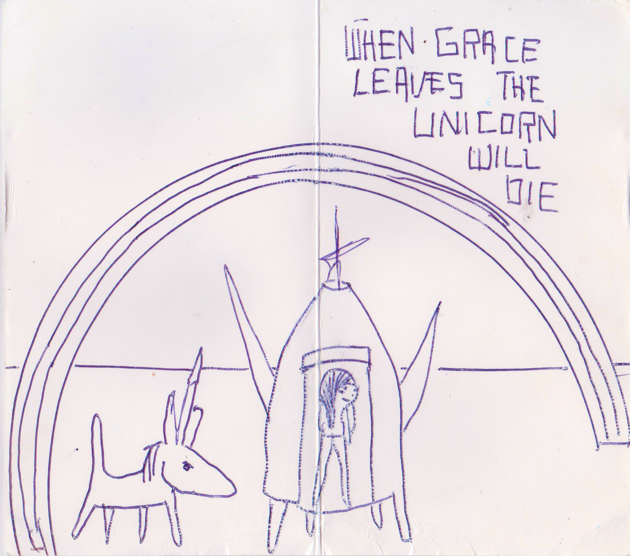 Imperfected Folkster in a Spaceship with Donkey Unicorn and Rainbow , n.d. , ballpoint on paper, 5.25 x 7.25 inches