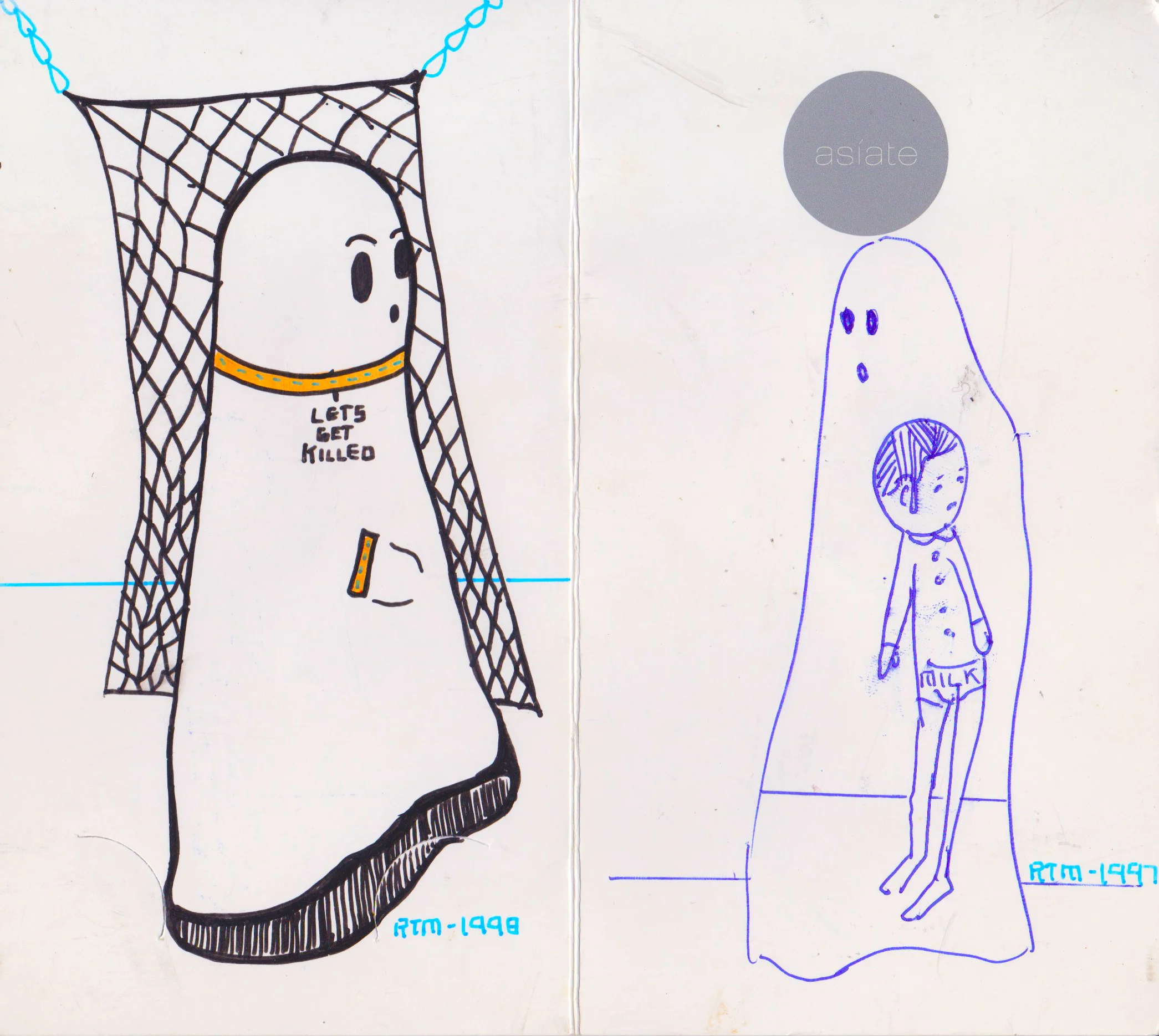Lets Get Killed , n.d. (dated 1998 and 1997) marker and ink pen and gel medium on paper, 8.25 x 5.25 inches