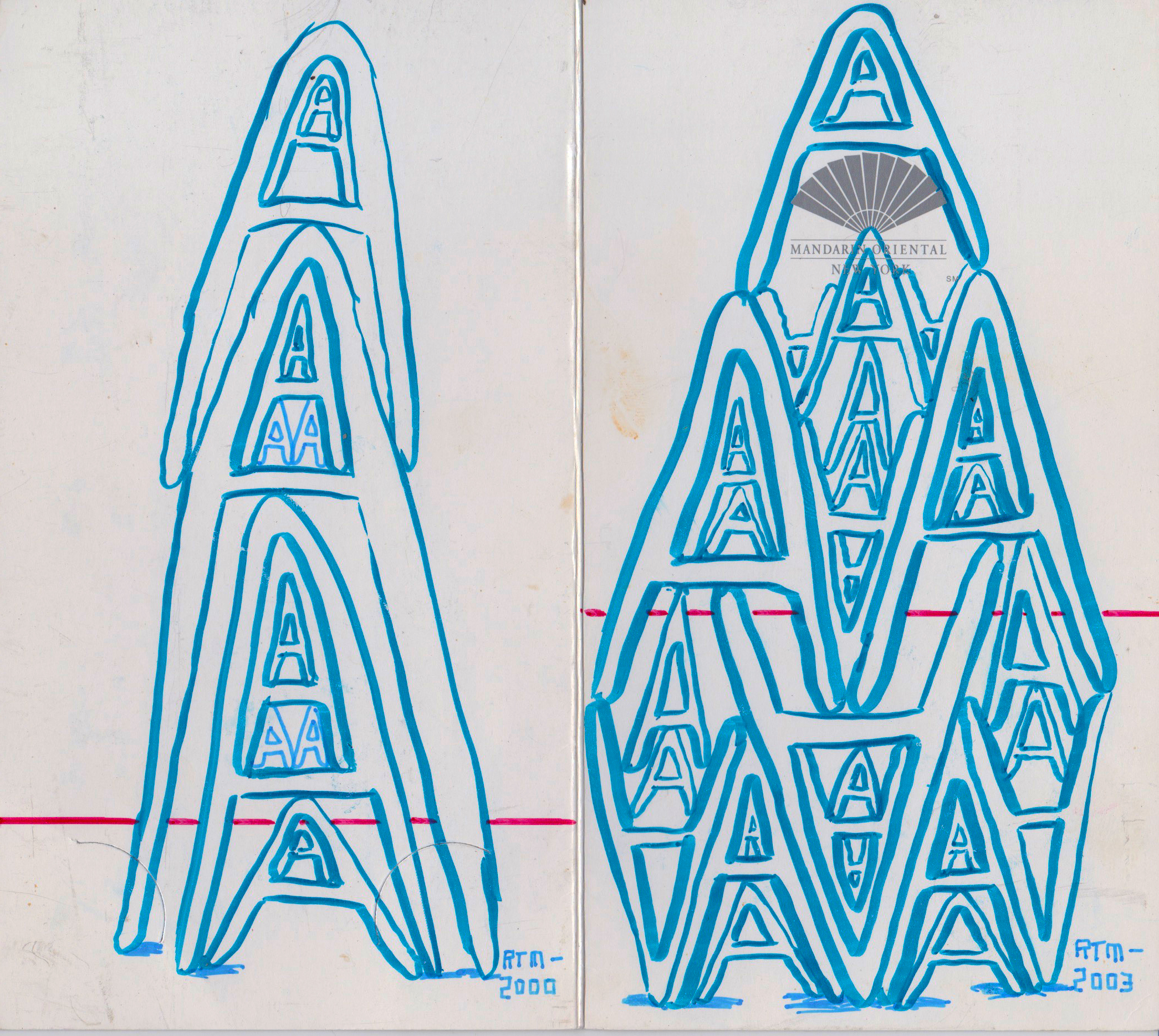 Nesting A's , n.d. (dated 2000 and 2003) , marker ink pen on paper, 5.25 x 7.25 inches