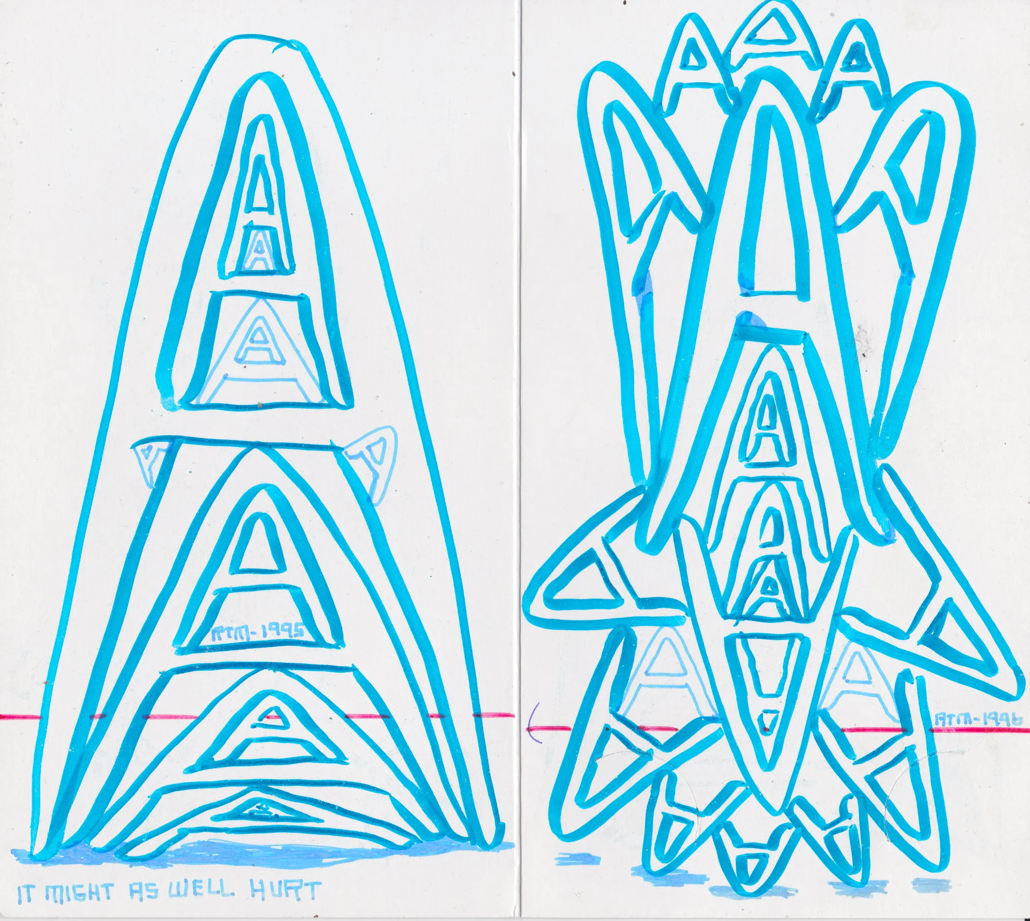 Nesting A's II , n.d. , (dated 2000 and 1997) marker and ink pen on paper, 8.25 x 5.25 inches