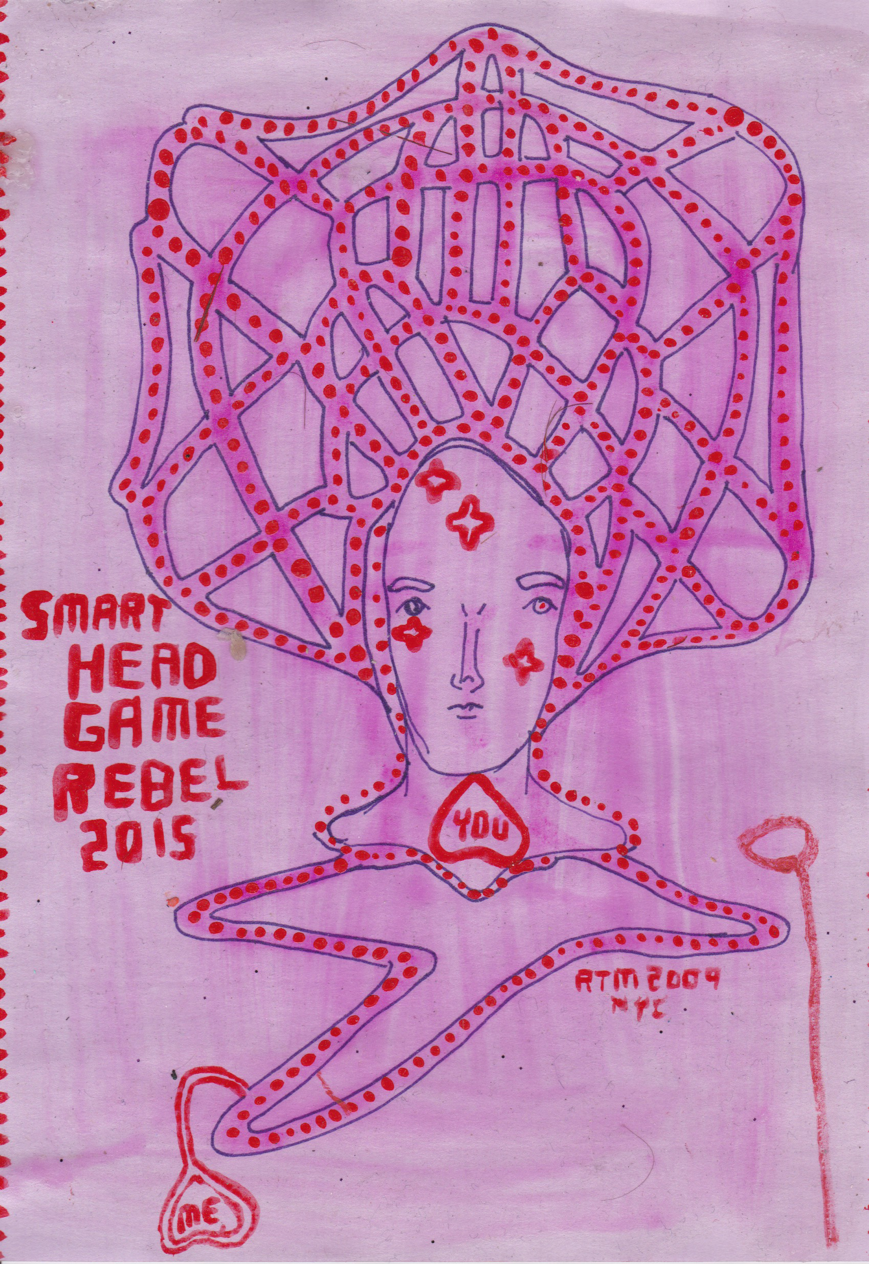 Smart Game Head Rebel , n.d. , Acrylic ink, ball point pen and gel medium on paper, 8.25 x 5.25 inches