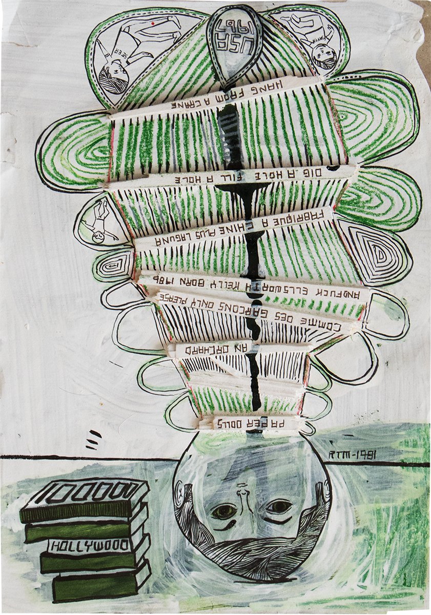 Untitled (Dig A Hole Fill A Hole) n.d. (1981,1986,1967) Gesso, Acrylic paint, Acrylic ink, color pencil, and pens on recycled paper 13.5 x 10.25 inches framed . "A life turned upside down by tumultuous times, transient relationships and tolls taken"