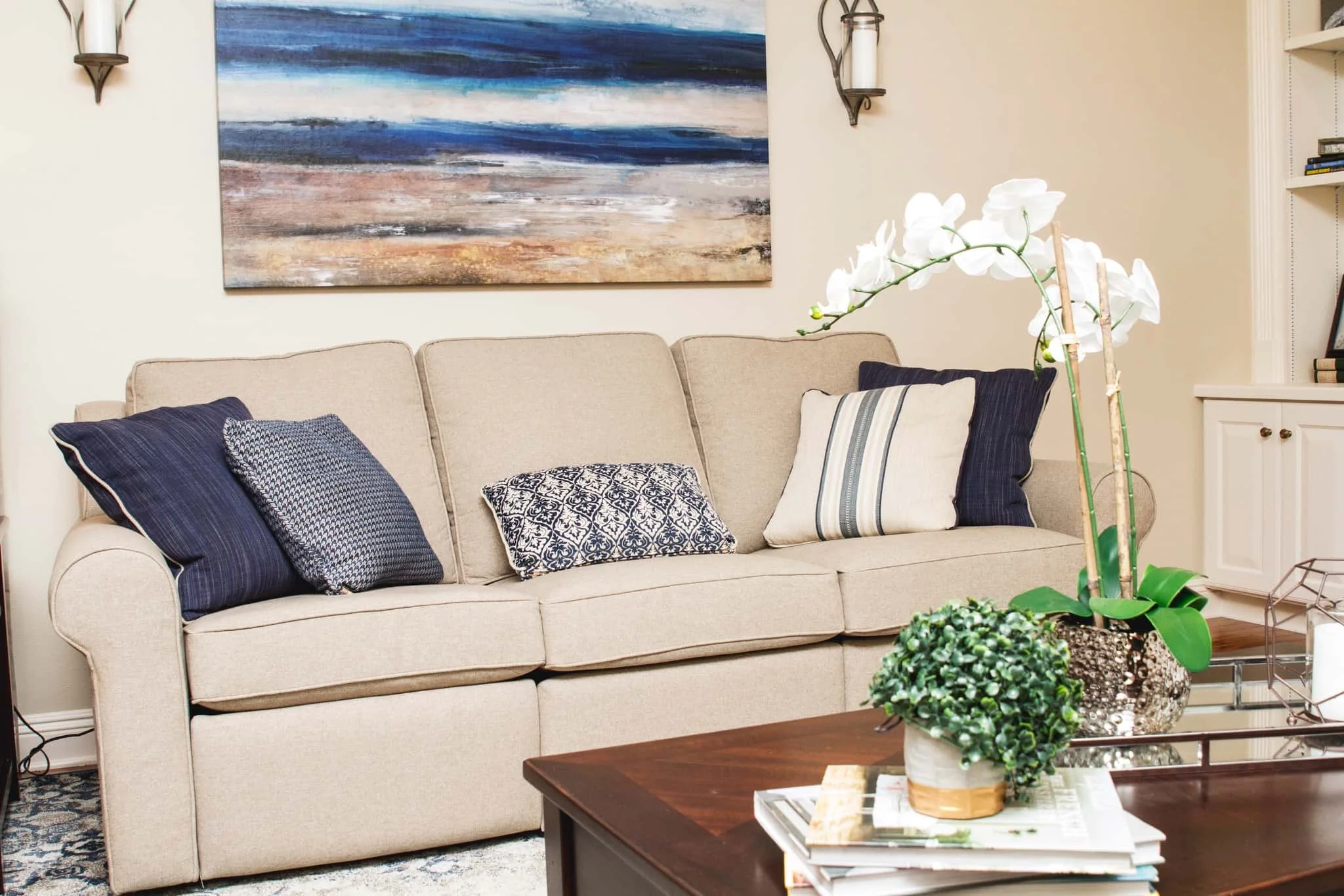blue and neutral living room design residential interior design metairie khb interiors