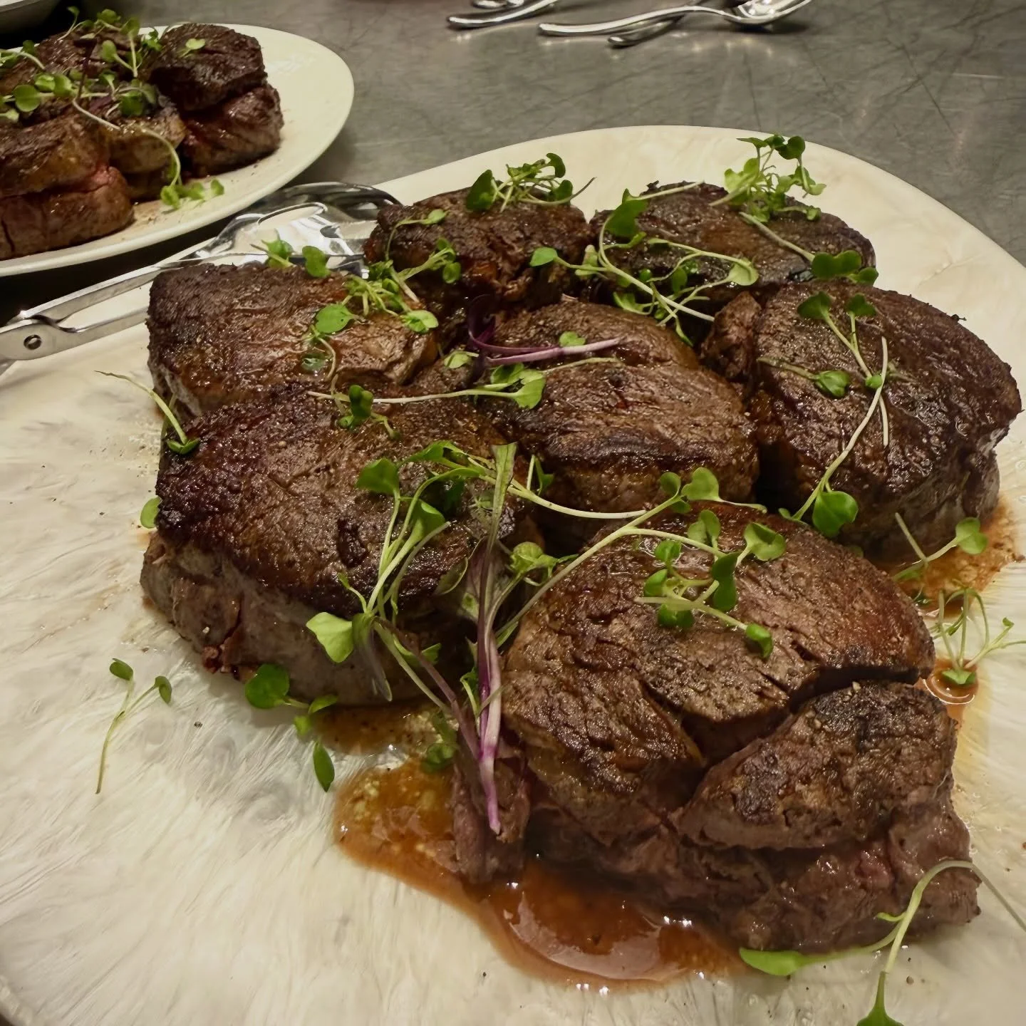 Simple, but DANK. 😉

✨ Filet Mignon w/ Chimichurri &amp; Horseradish Cream
✨ Risotto w/ Porcini Mushroom Cream
✨ King Salmon w/ Tomato Caper Sauce
✨ Orange Roasted Broccolini w/ Crispy Shallots
