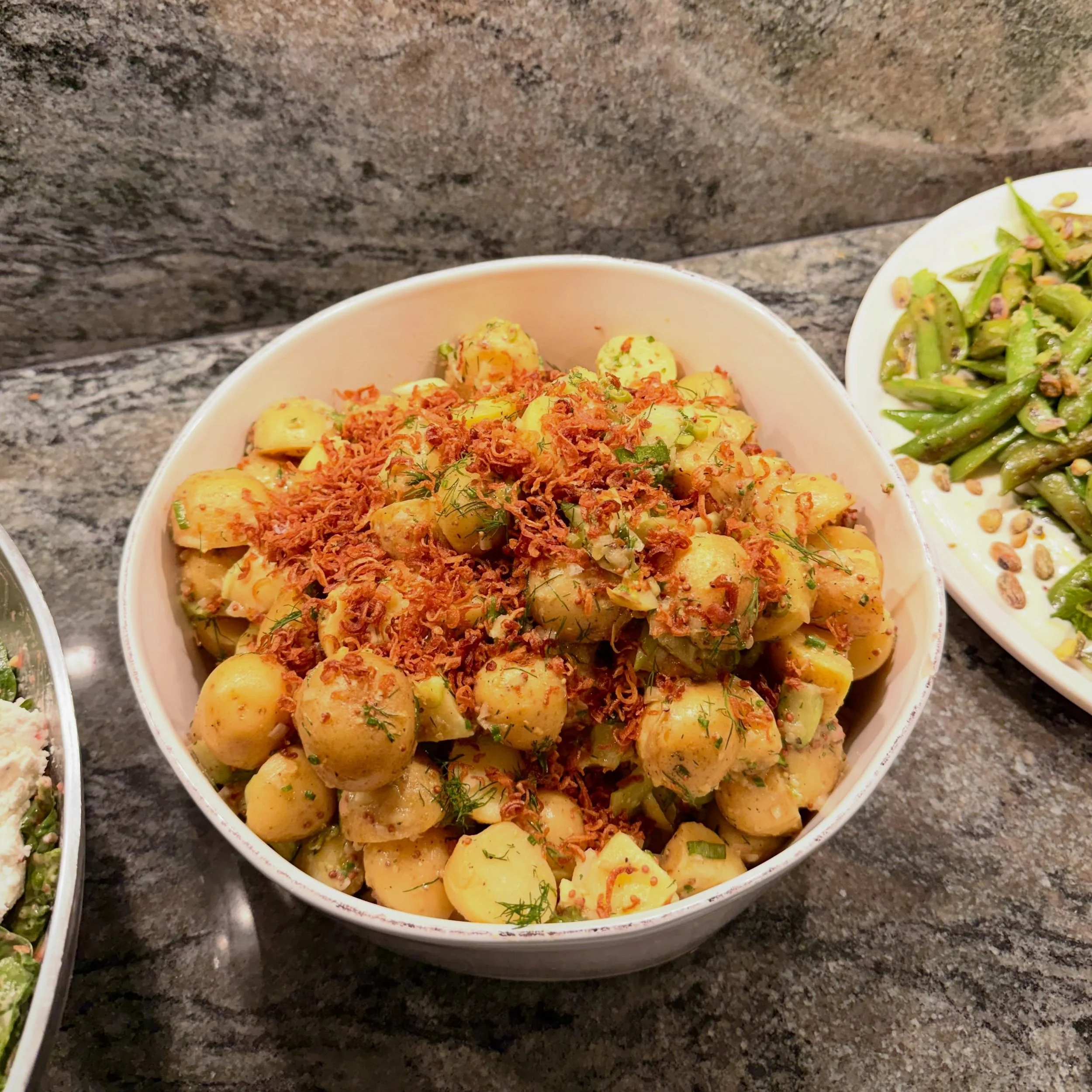 My dank riff on German potato salad.

Baby Golden Potato Salad, Scallion, Crispy Shallots, Whole Grain Mustard Vinaigrette, Fresh Dill &amp; Chive ❤️