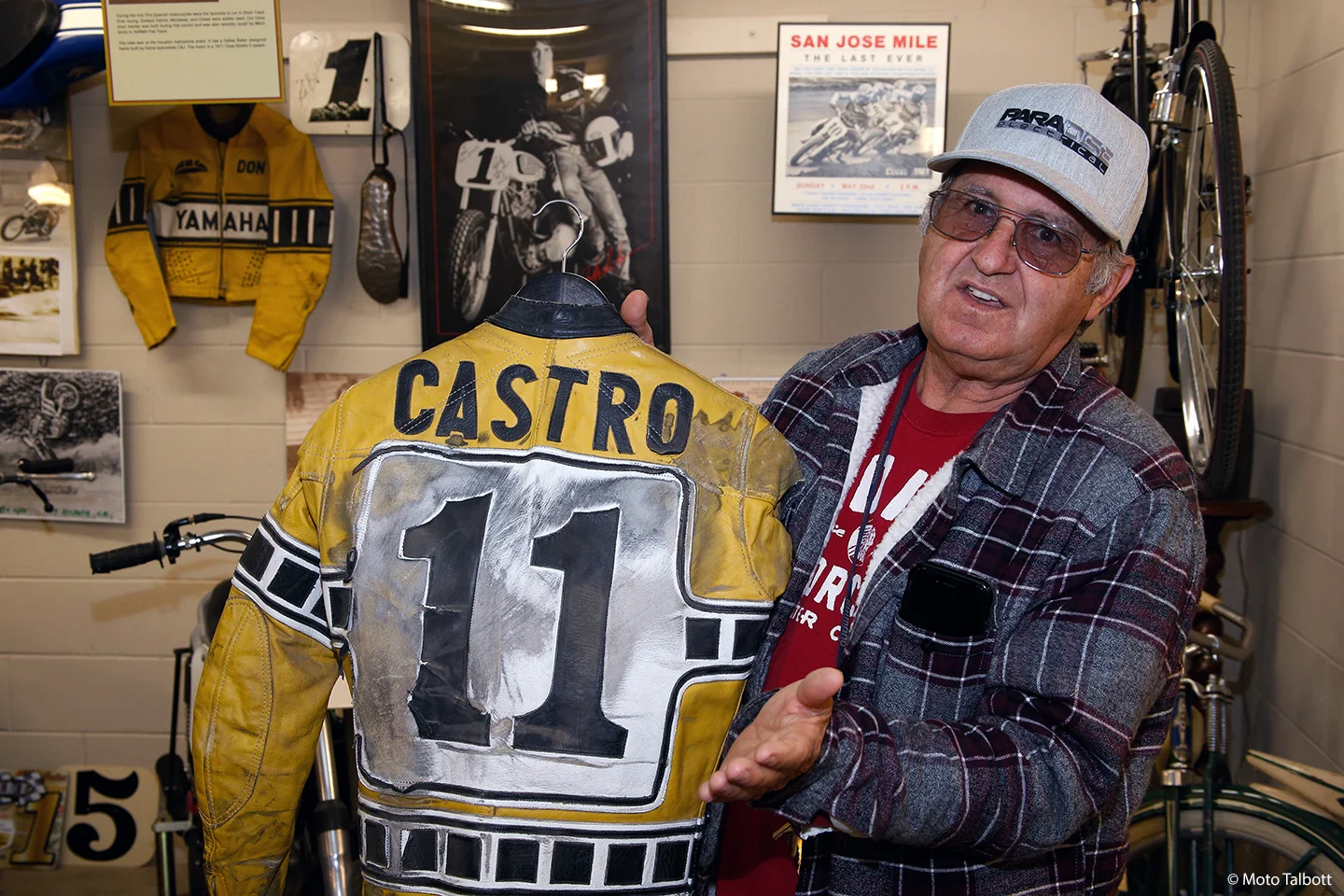 Hall of Famer Don Castro with some of his racing memorabilia, which is all part of a special display at Moto Talbott, along with his motorcycles.