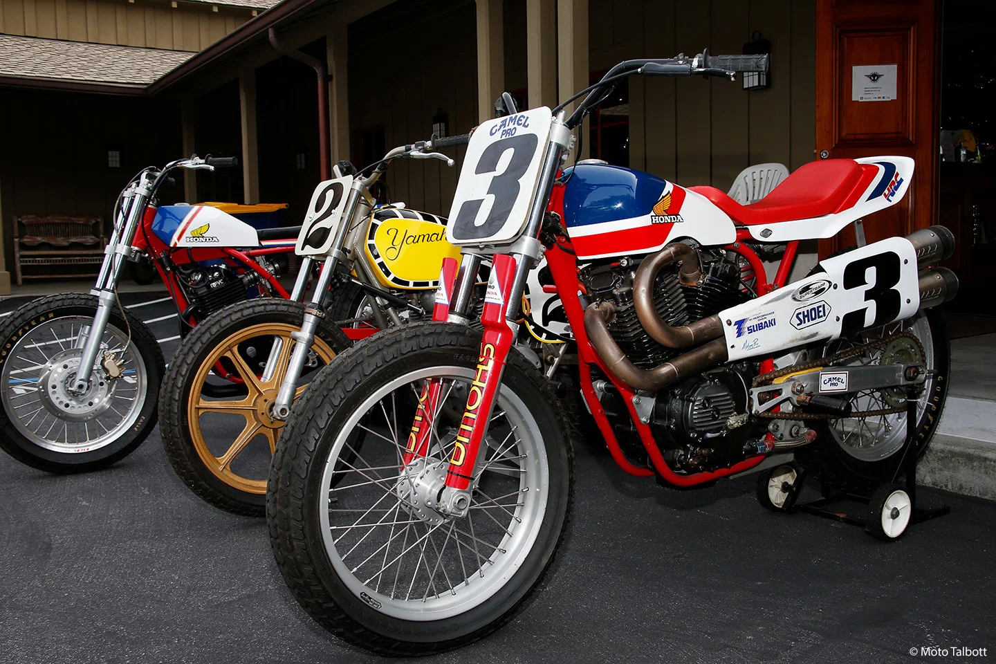From left to right: rare Honda RS 600 flat tracker owned and restored by Anthony Giammanco; Yamaha dirt track bike belonging to Grand National Champion Kenny Roberts; Honda RS 750 twin factory racer.
