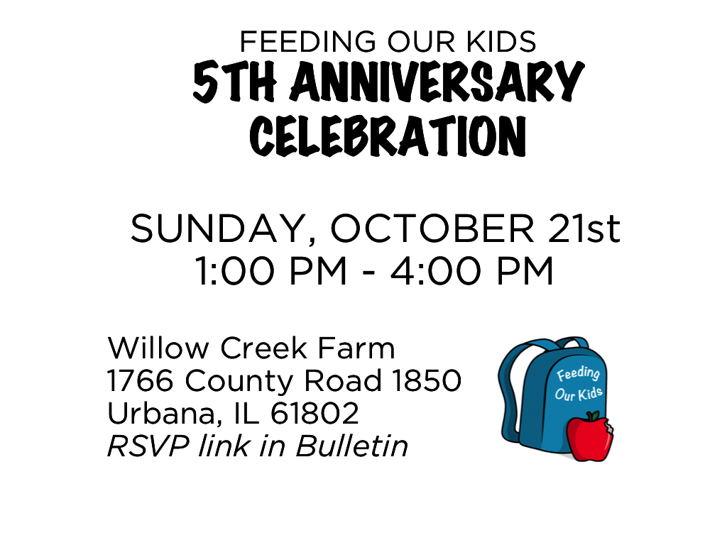5th Anniversary Celebration of Feeding Our Kids! Anyone in the church or community is invited. RSVP at the link below: https://www.evite.com/event/02C9ONFFFBND3QECYEPIW4A3Y6FJKQ/rsvp
