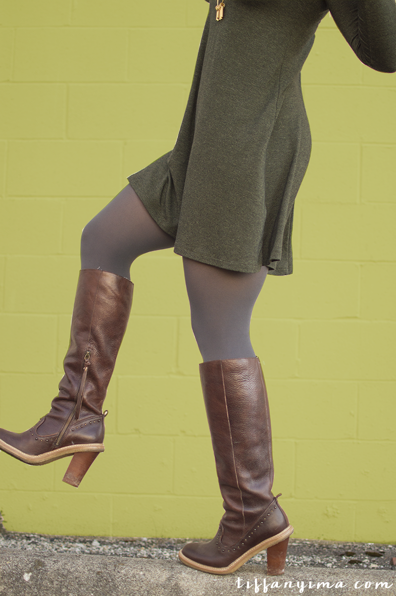 OLIVE GREEN TRAPEZE DRESS + TALL BOOTS 