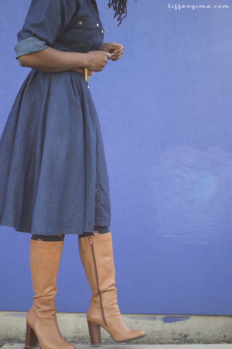 CLASSIC DENIM DRESS + KNEE HIGH BOOTS 