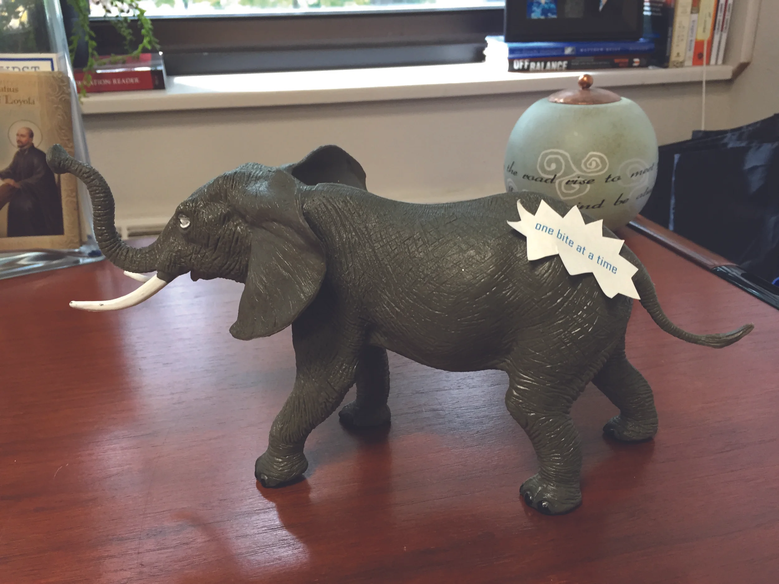 President Curran keeps this elephant in his office for times when difficult and challenging conversations occur at Rockhurst University . 
