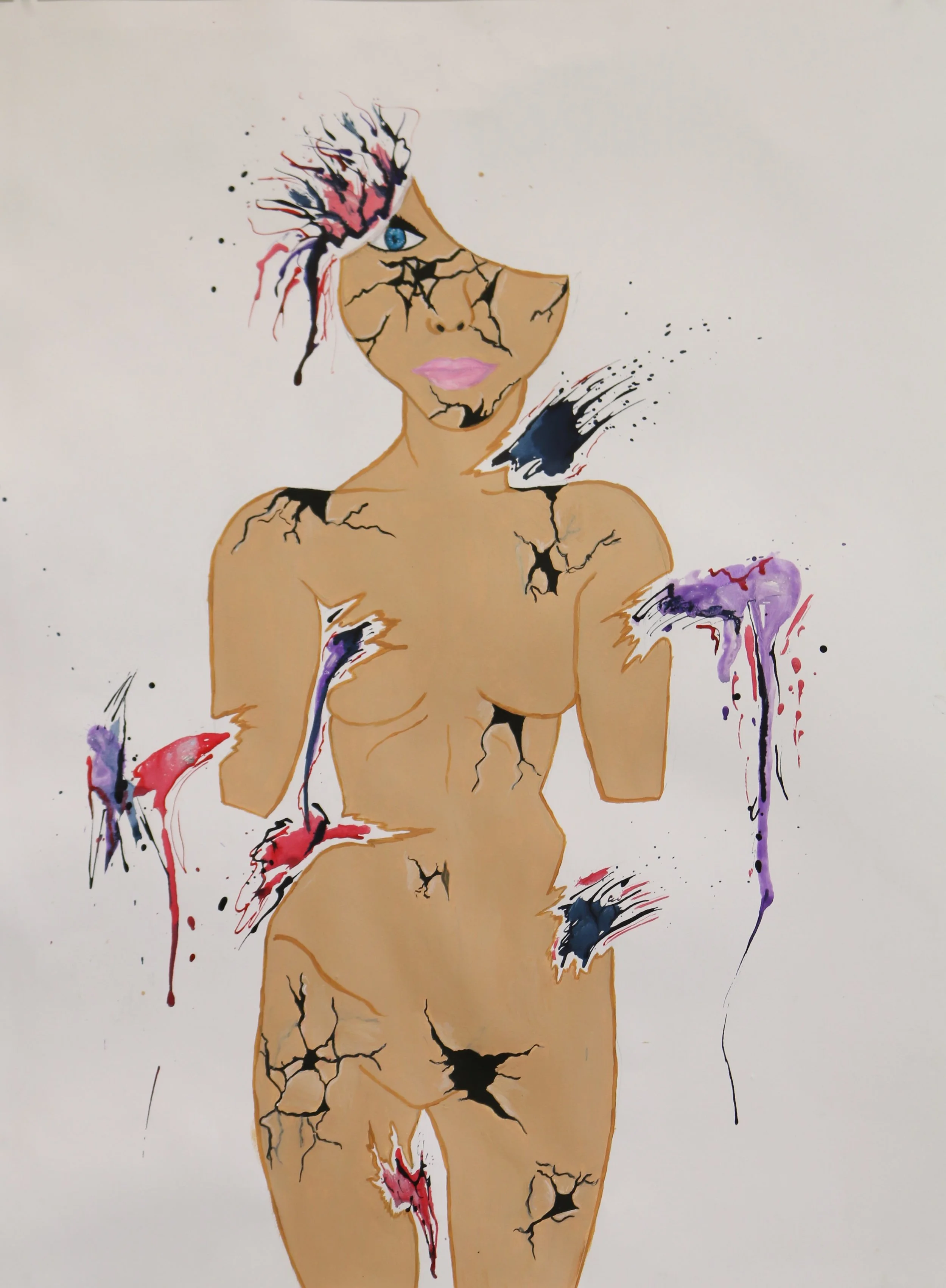 This one holds a lot of symbolism and meaning. I left the background white and simple because I want to make this as vulnerable and uncomfortable as I can. I made a nude figure to represent the constant feeling of being vulnerable and exposed. The chunks missing from the body represent a shark bite. I made that symbolism because I see our attackers as predators, they touch us and hurt us in places we don’t live. we lose a piece of ourselves when we are violated and made to not feel comfortable in our own skin. The cracks you see show how strong the survivor is trying to be, trying to hold it all in. they also can represent breaking, from being hit or attacked. But slowly they are cracking, falling apart inside. The colors symbolize the bruising, the pain and the attack. She is missing half of her head, this is for the emotional abuse and losing part of who you are. I didn’t give her any arms because we were always supposed to want and accept human touch but when you receive it in a way that is incredibly terrifying and harmful, you grow to lose that love for touch. There is so much more you can interpret from this, but these were the main ones I wanted to point out.