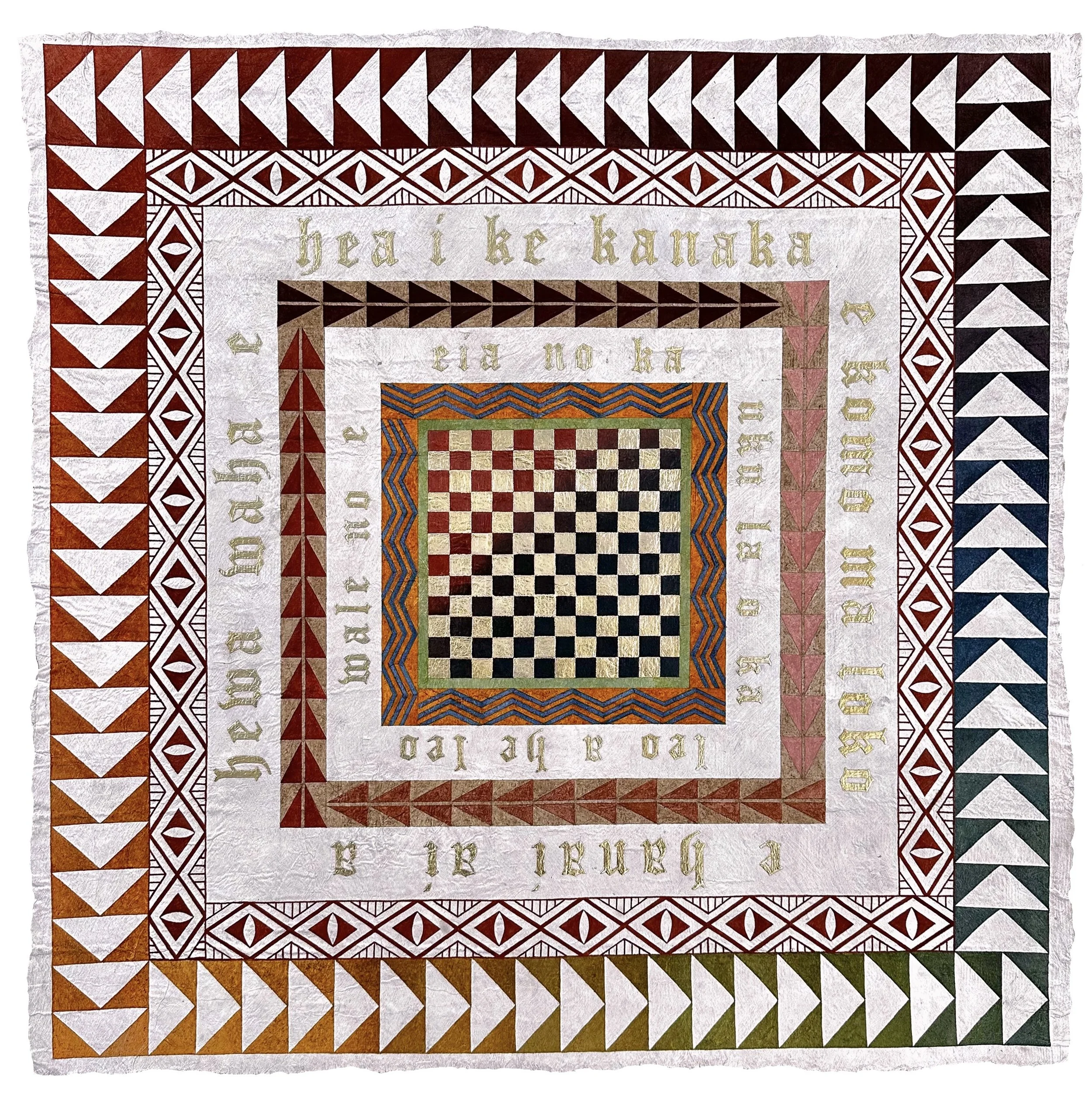 Puka Komo ʻEkahi: Portal to Grant Permission. Earth pigments hand-painted on kapa, metal leaf. 28 inches W x 28 inches H. 2024.