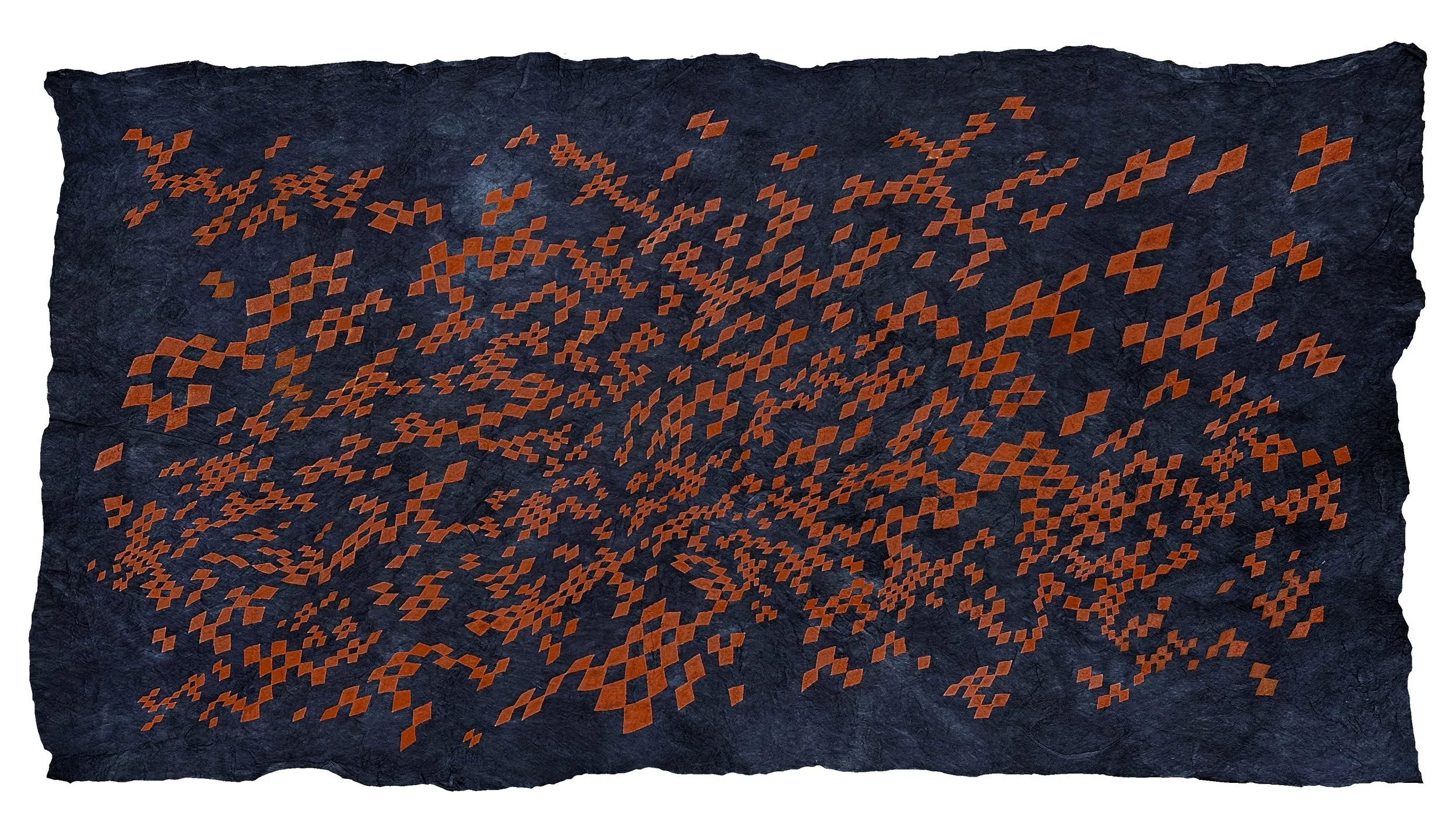 Pohākea (The Bursting Forth of Light). Natural plant dyes and ochre earth pigment on kapa (barkcloth). 21.5 x 40.5 inches. 2025.
