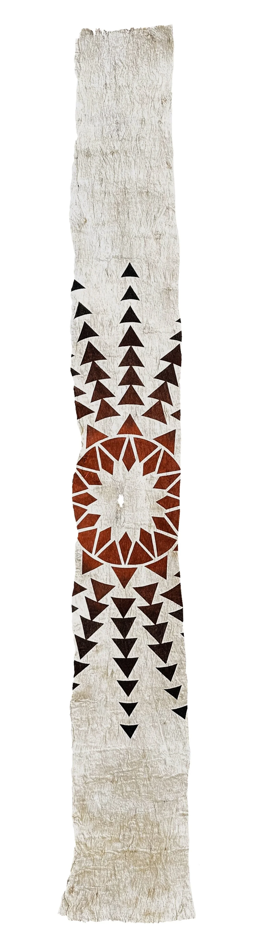 Ka Piko O Ka Honua (The Navel of the Earth). Wildfire charcoal and ochre earth pigment hand-painted on kapa (barkcloth). 49 x 7.75 inches. 2025.